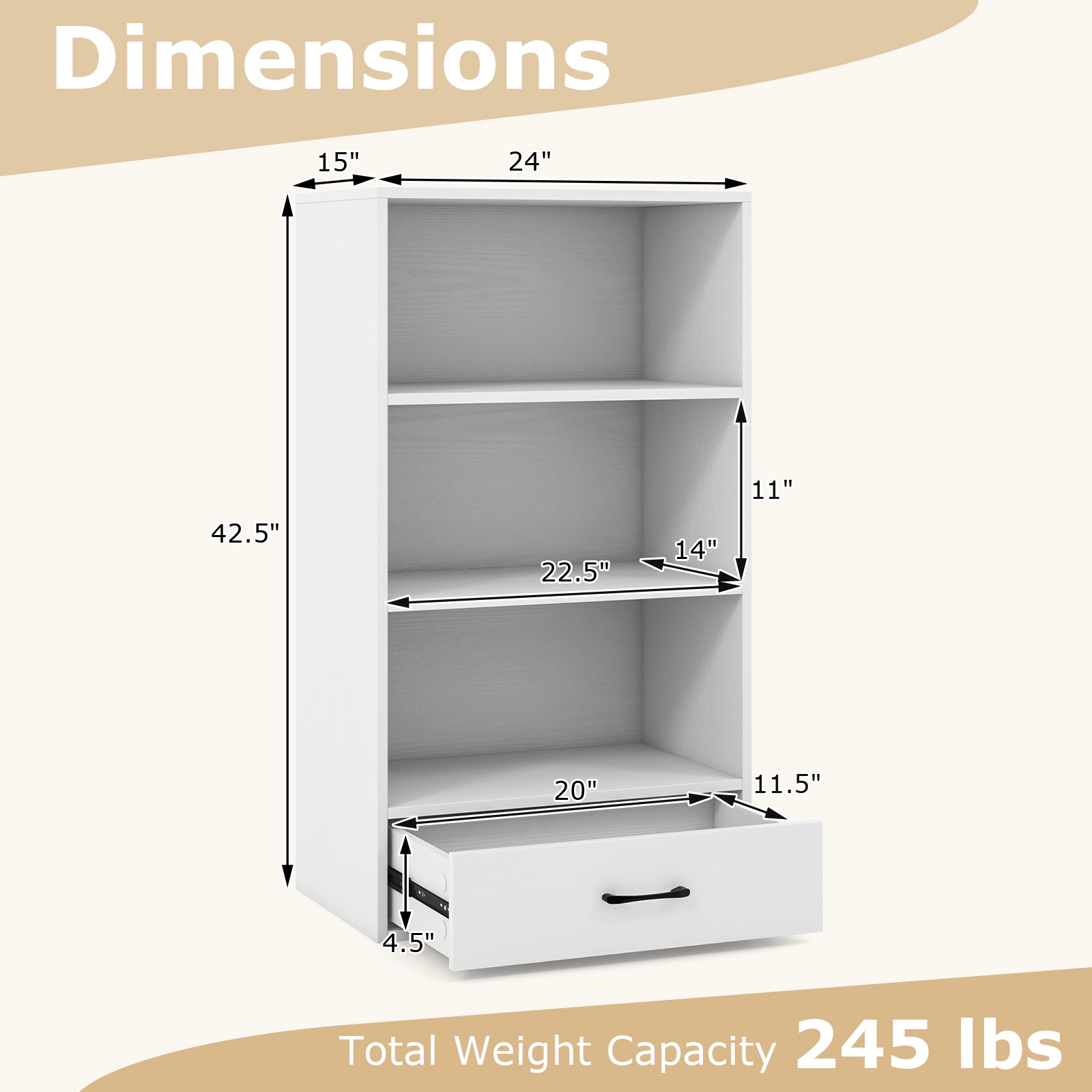 SUGIFT 4-Tier White Wood Bookshelf with Drawer 3 Open Shelves and 88-lb Top for Living Room and Office