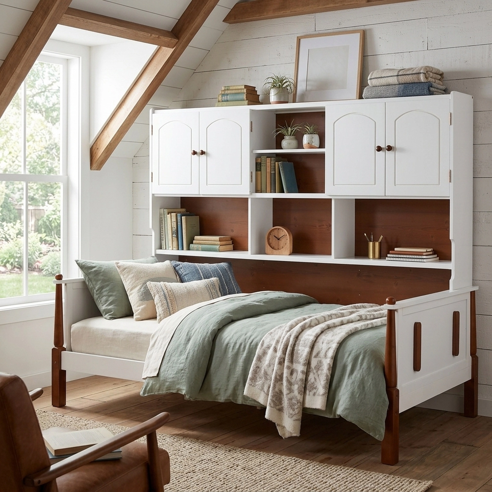 SUGIFT Twin Platform Bed with Bookcase Headboard, 2 Cabinets, 5 Shelves, White