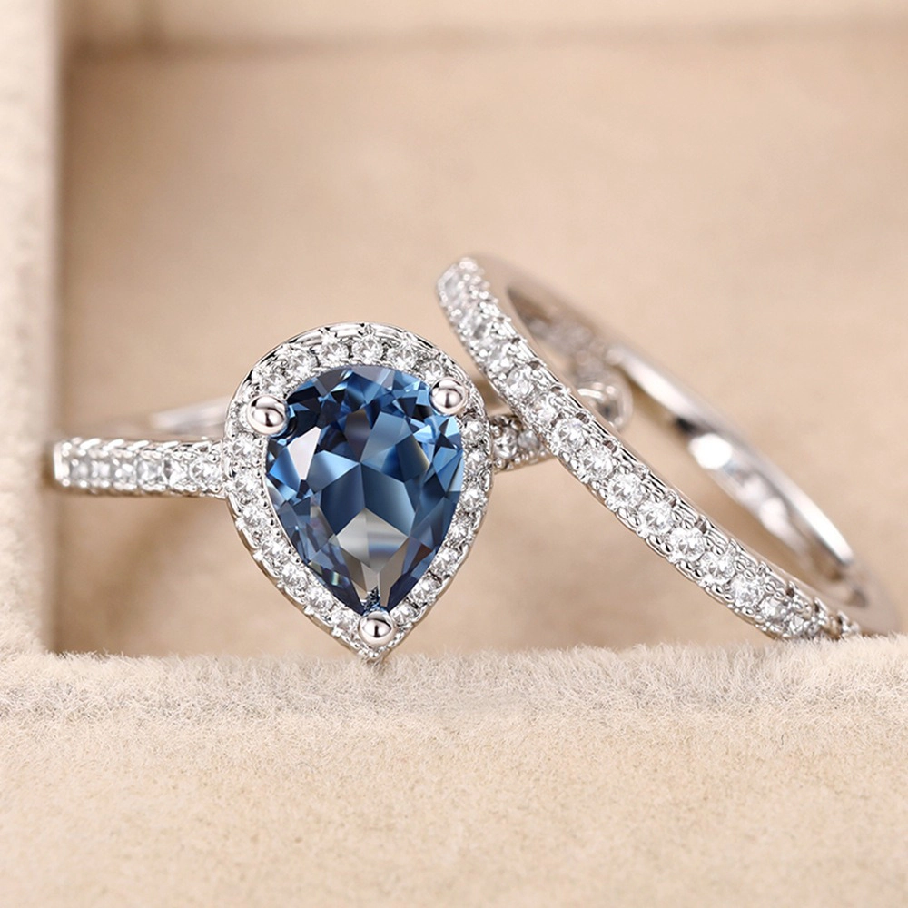 Gorgeous 2Pcs/Set Blue Aquamarine Water Drop Cubic Zirconia Ring