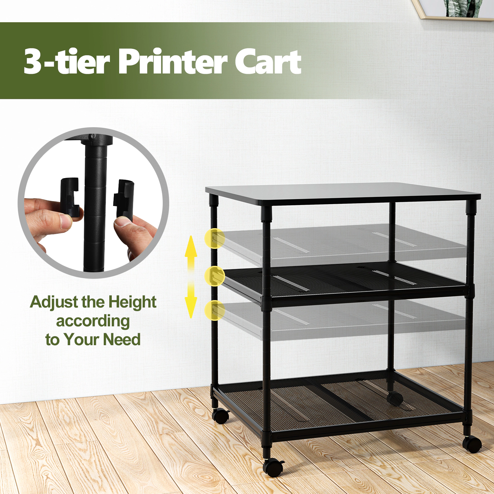 SUGIFT 3-Tier 110-lb Capacity Black Rolling Printer Stand Cart with Adjustable Shelf and Swivel Wheels