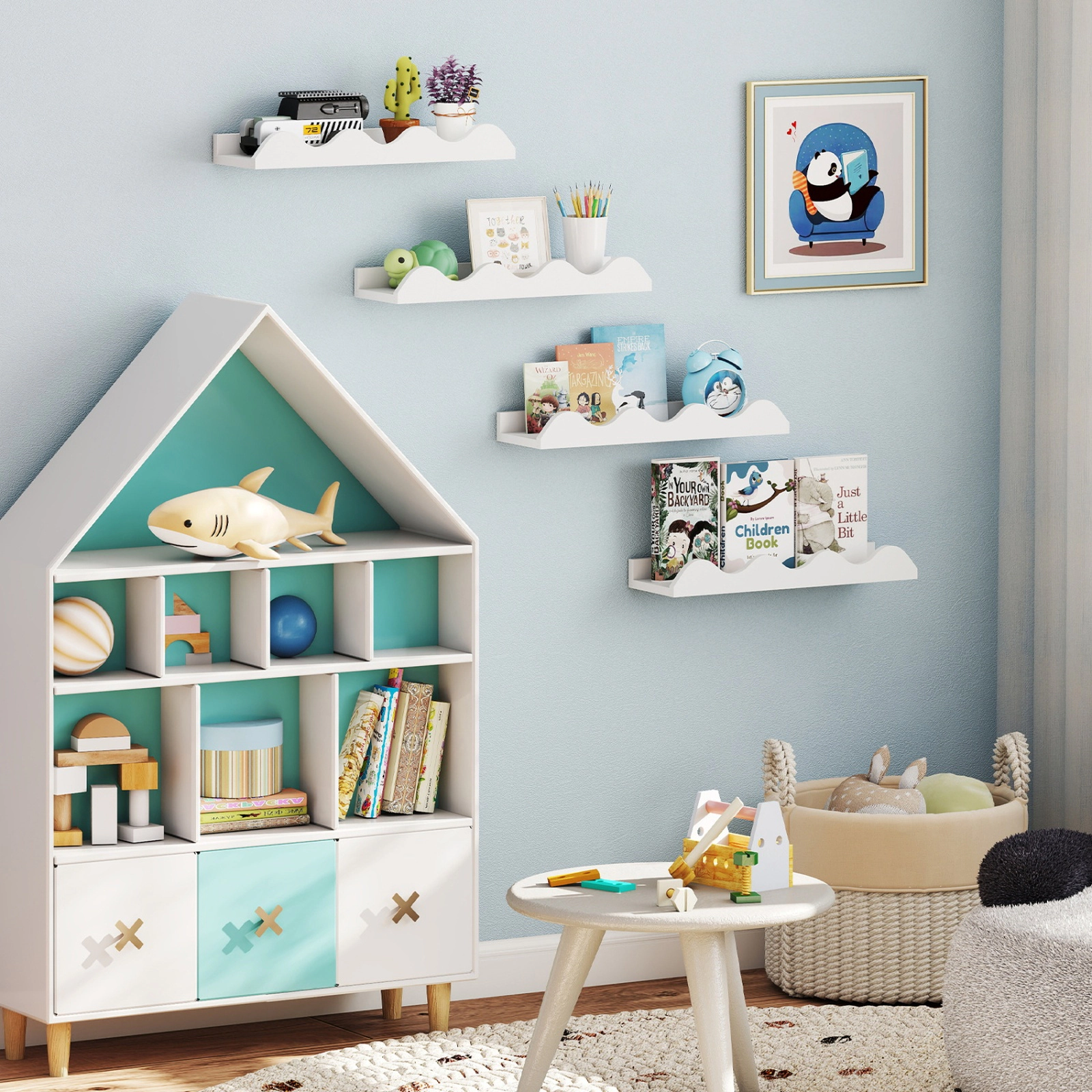 SUGIFT Set of 4 White 16-in Floating Wall Bookshelf Ledges for Nursery Toy and Book Storage
