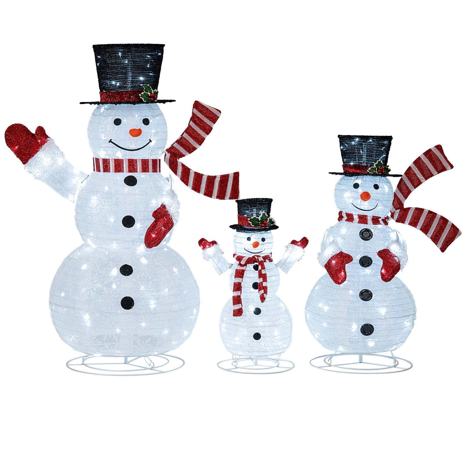 SUGIFT 3-Piece Pre-Lit 3D Snowman Family Set with 270 LED Lights Top Hats Scarves and Ground Stakes