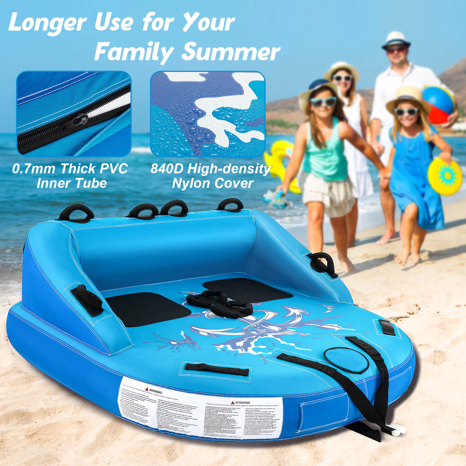 SUGIFT 64-in 340-lb Capacity 2 Person Inflatable Towable Tube with High Backrest EVA Pads and Dual Tow Points