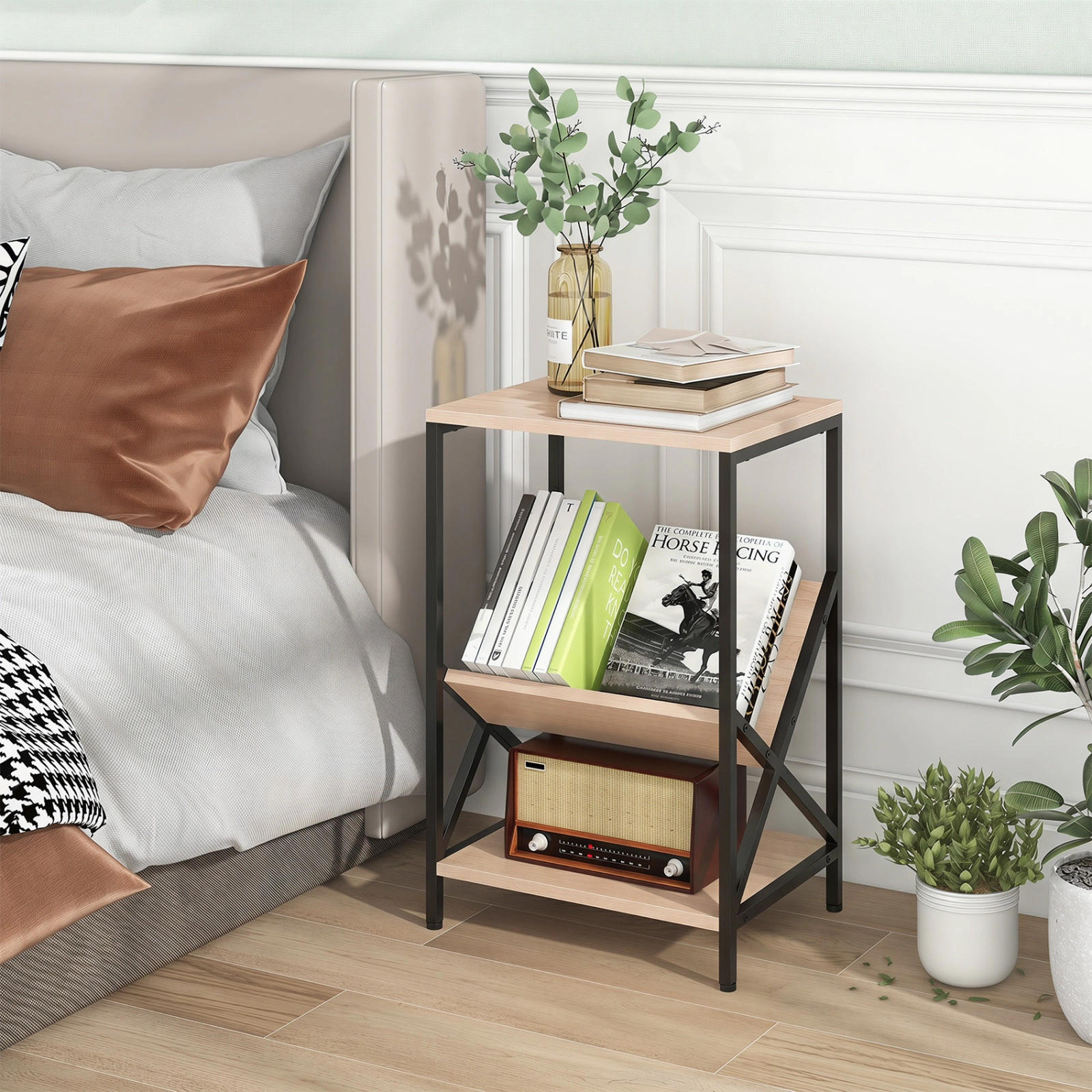 SUGIFT 3-Tier Industrial Side Table with V-shaped Bookshelf 110-Lb Top Capacity Rustic Brown Natural