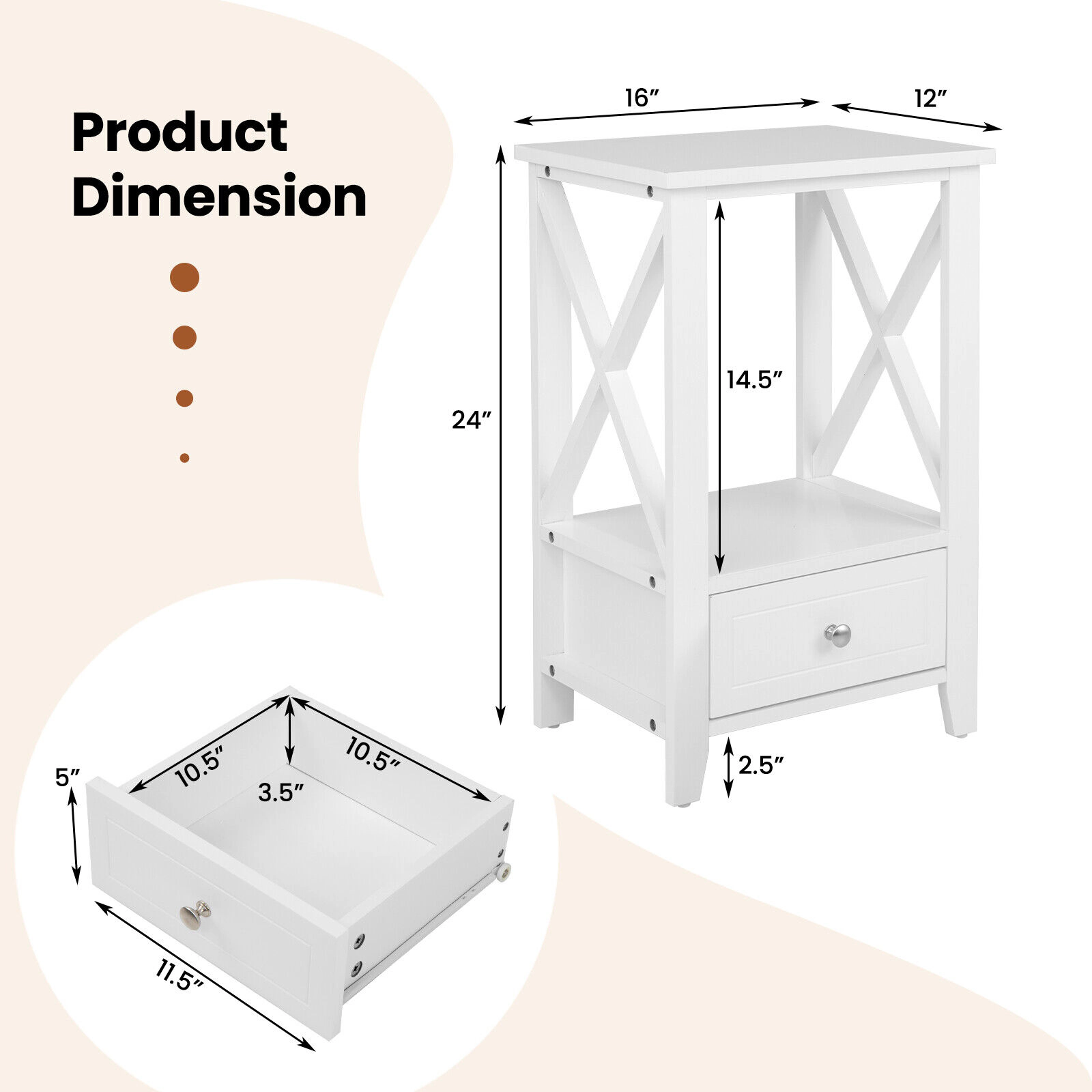Hivvago 2-Tier Multifunctional Nightstand with Storage Drawer