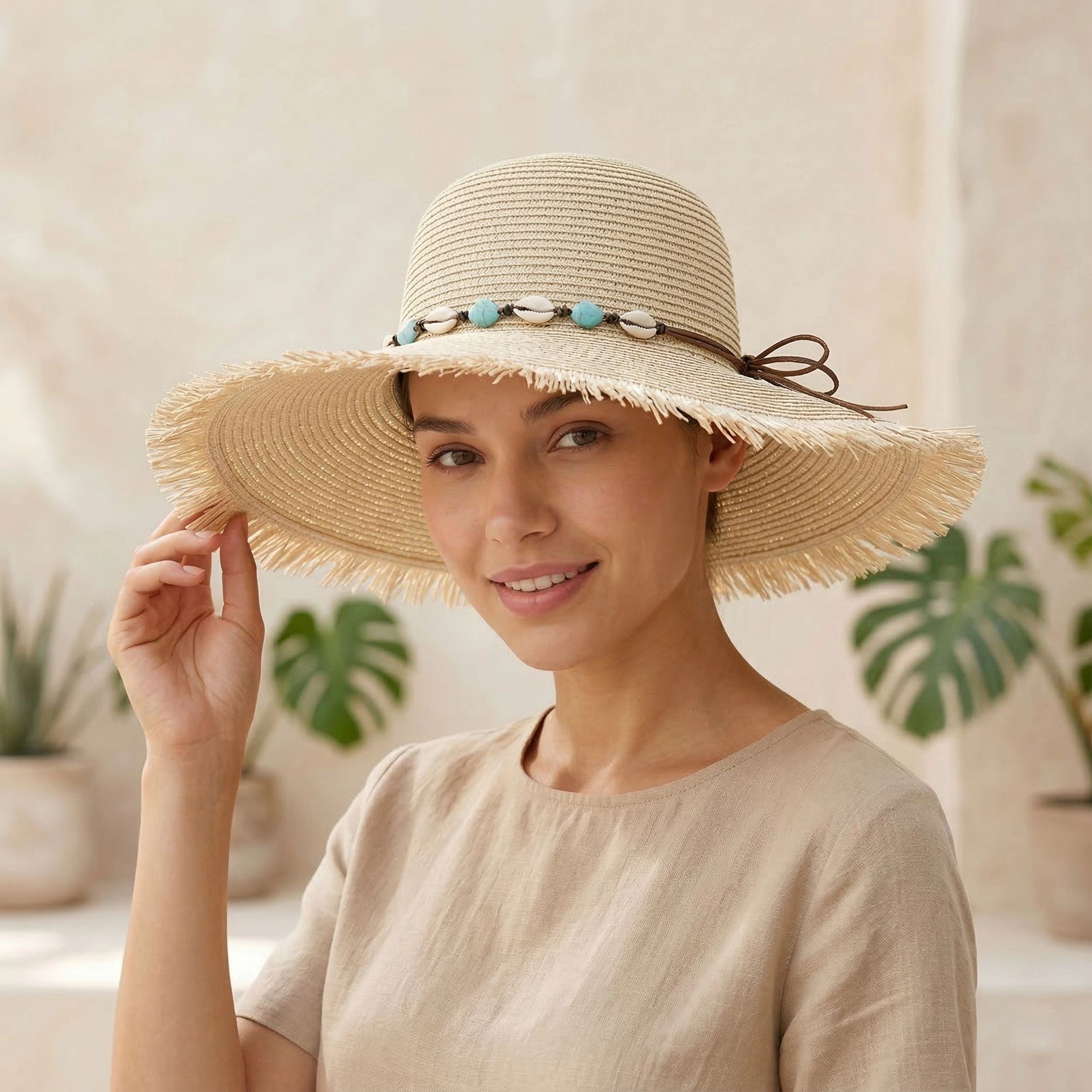 Anna-Kaci Women's Wide Brim Straw Sun Hat with Fringe Edge and Beaded Band Summer Beach Protection