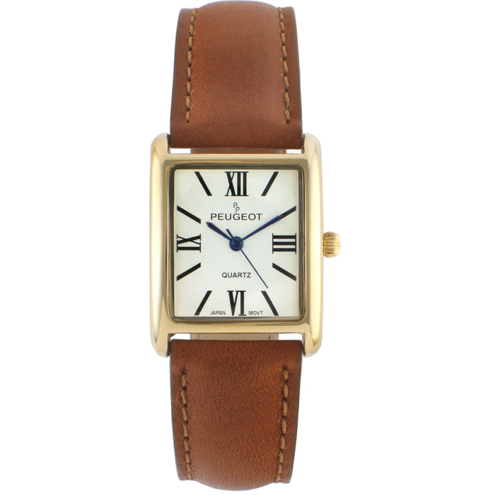 Peugeot Women's Tank Watch Roman Dial Brown Smooth Leather Strap