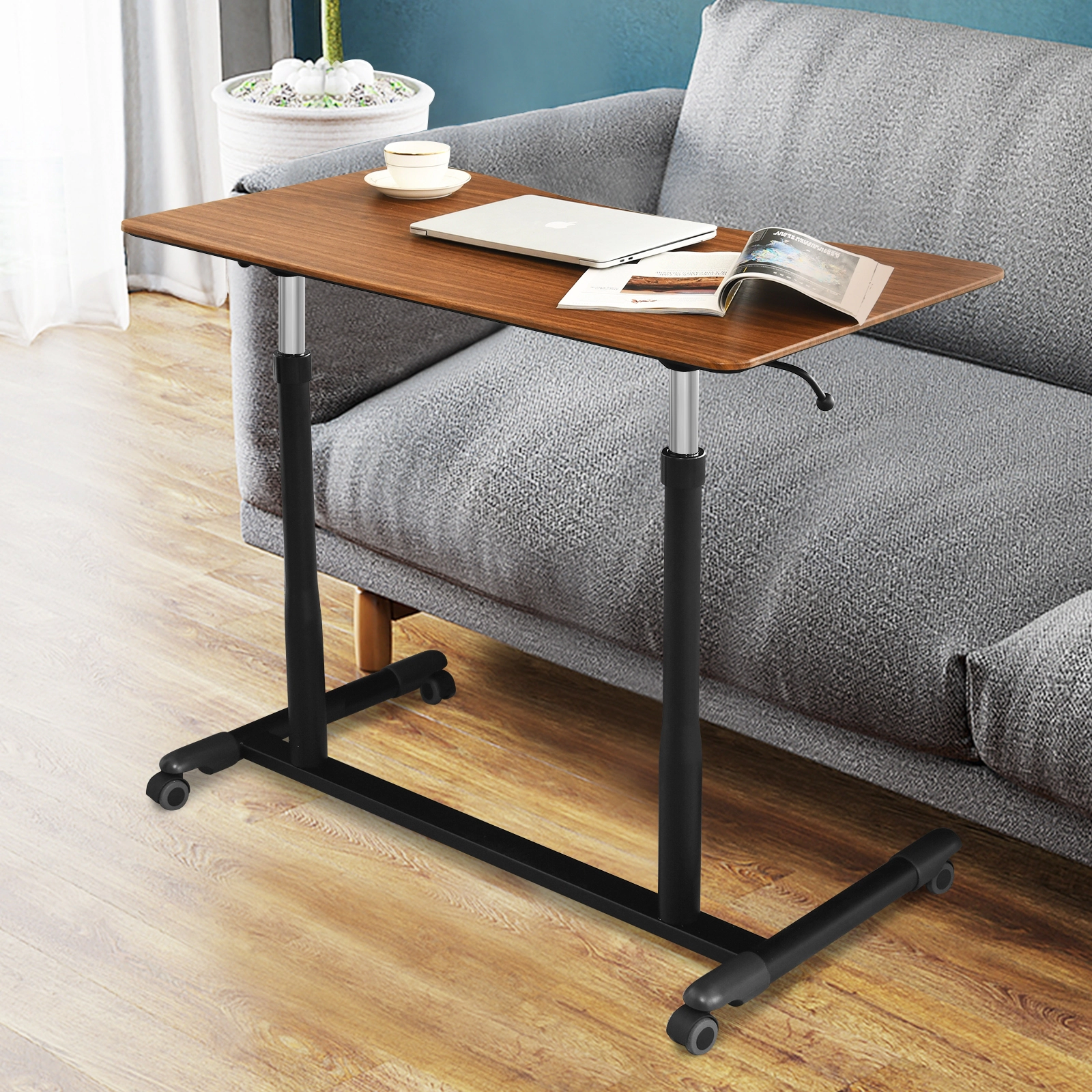 SUGIFT Height Adjustable Sit to Stand Rolling Computer Desk With 37.5 x 21.5 in Work Surface 66-Lb Capacity Brown
