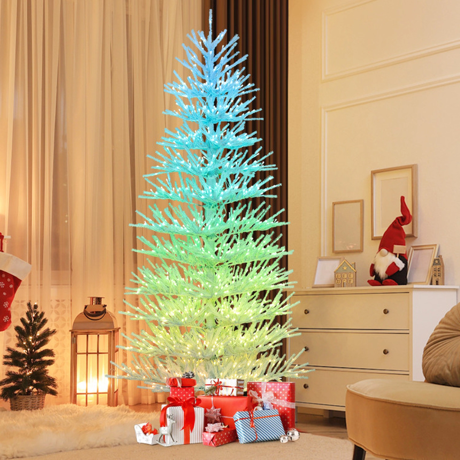 SUGIFT 7-ft White Pre-Lit Artificial Christmas Tree with 923 LED Lights Remote Control and 17 Light Effects