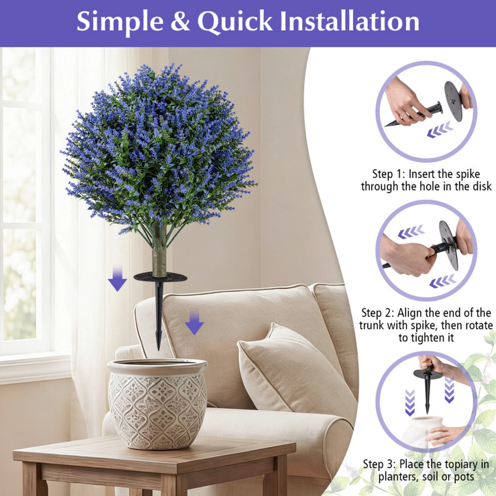 SUGIFT Set of 2 Artificial Lavender Topiary Ball Trees with Ground Spikes 13.5 x 24-in PE Construction Purple + Green