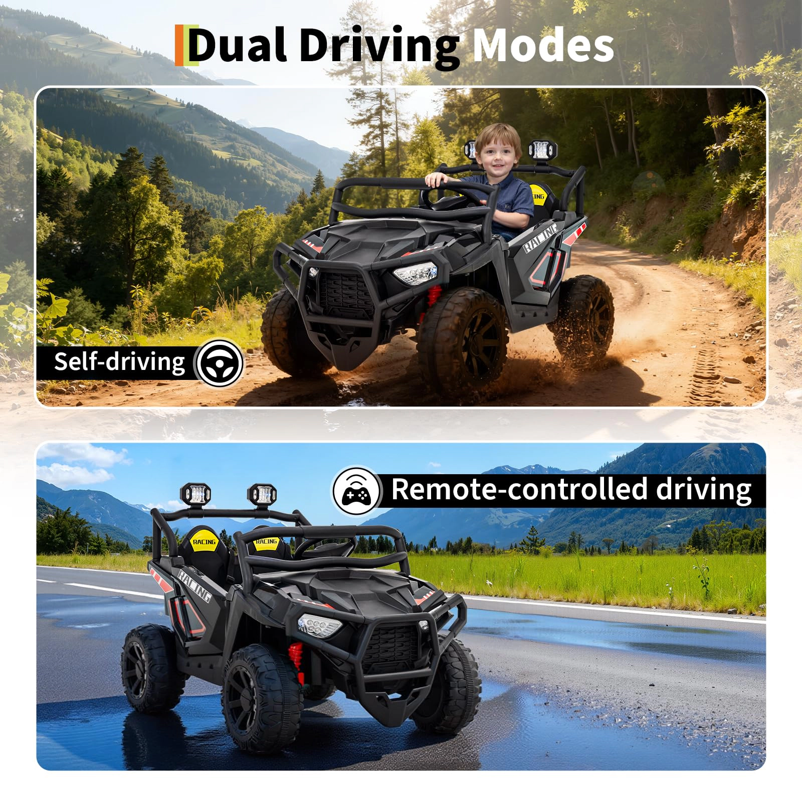 24V 2-Seater Electric UTV for Big Kids, 4-Wheeler Suspension,3 Speeds, Remote, Bluetooth, Lights
