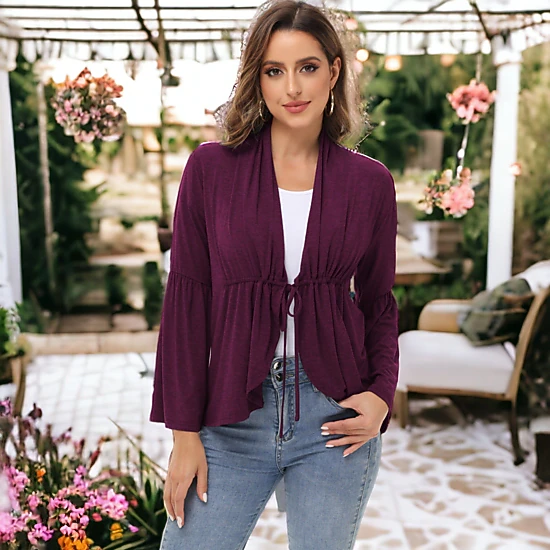 Anna-Kaci Women's Casual Lightweight Cardigans Soft Draped Ruffles Flare Sleeve Cardigan
