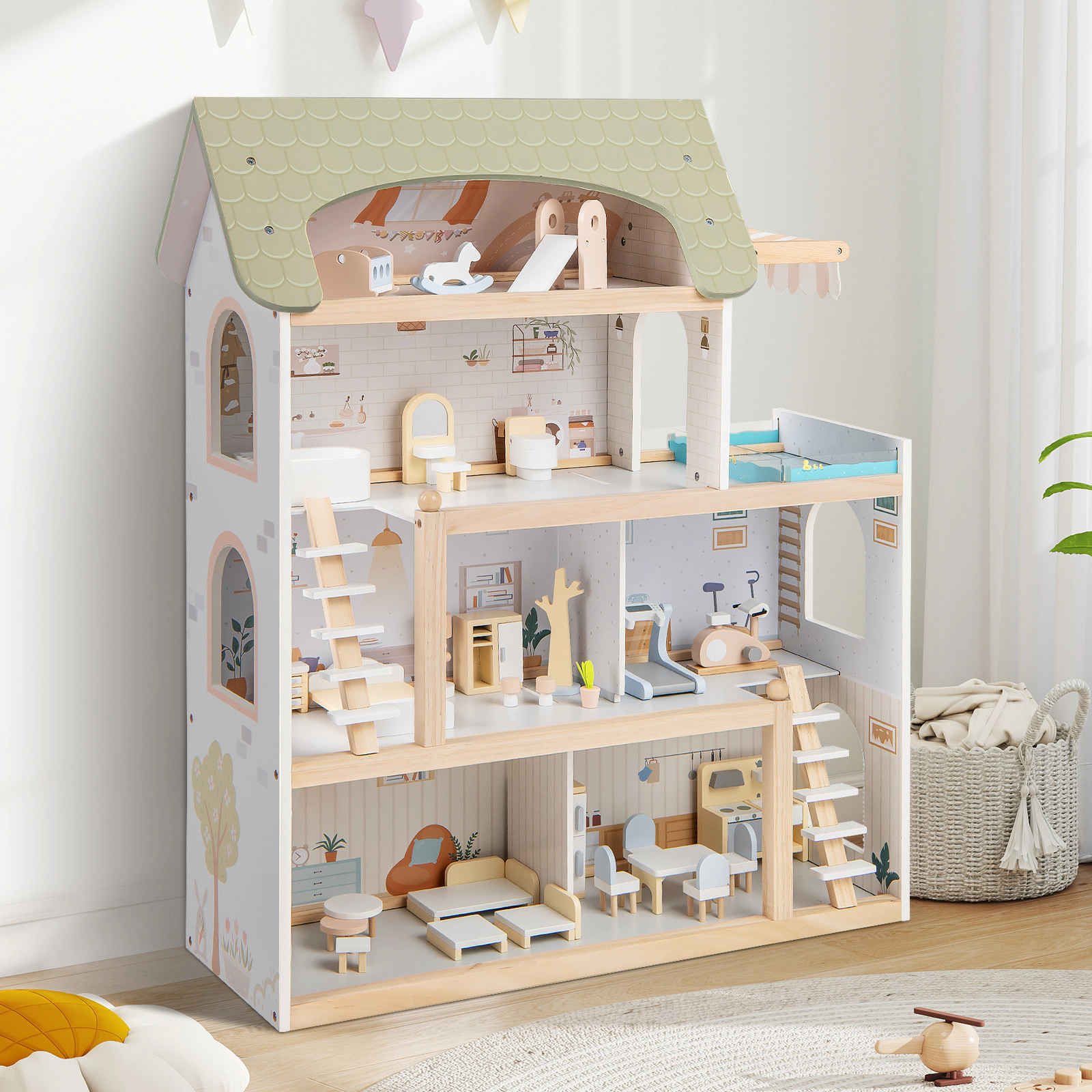 Wooden Dollhouse for Kids with 33-pc Furniture Accessories and Movable Stairs 25-in x 10-in x 31-in Green