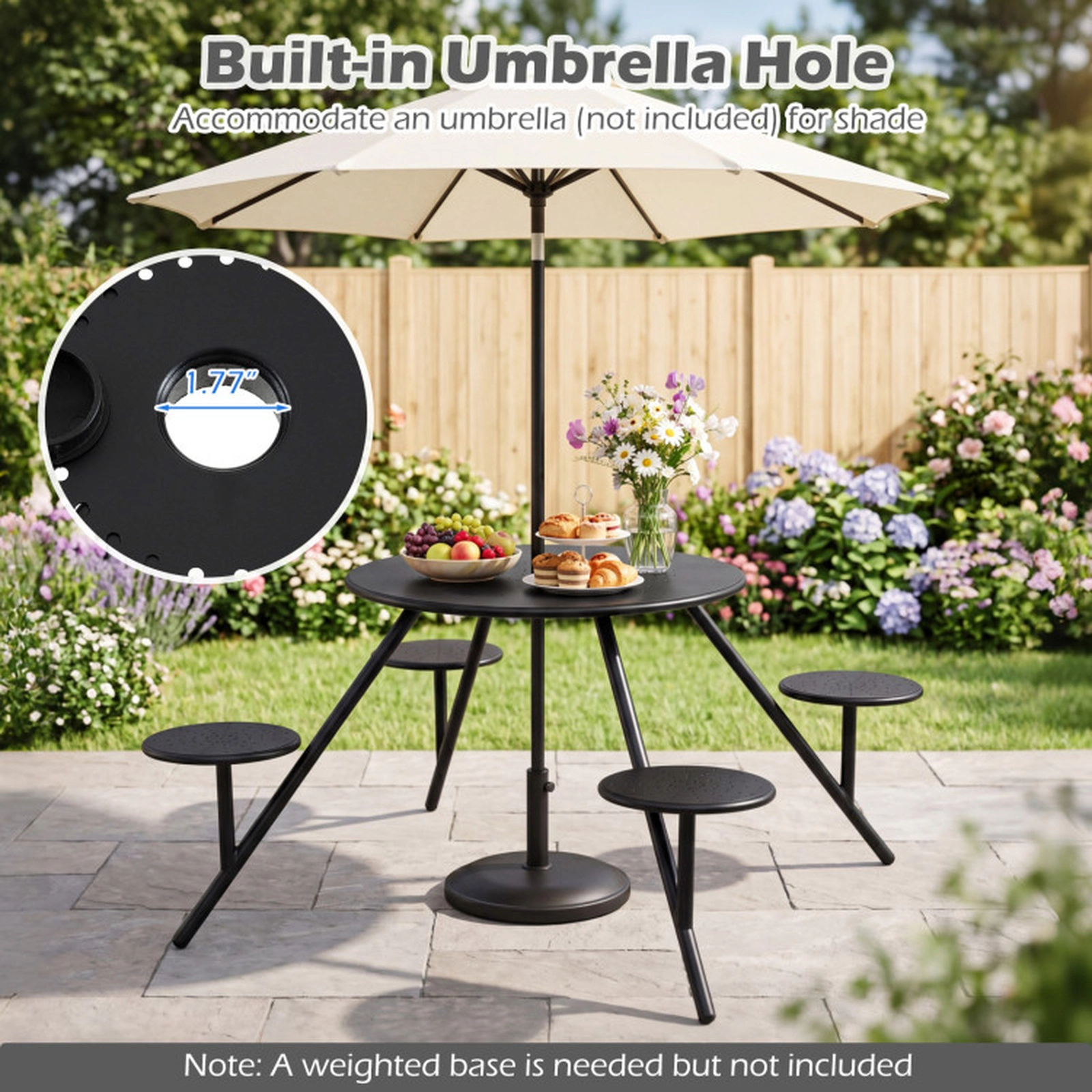 SUGIFT Round Galvanized Iron Picnic Table for 4 with 31.5-in Top 180-lb Table 330-lb Seats Umbrella Hole Black