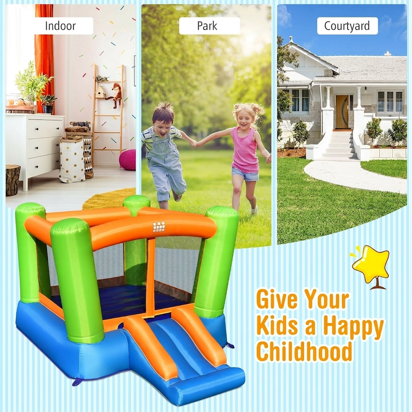 Kids Inflatable Bounce House with Curved Slide and Mesh Walls for 2 Kids 200-lb Capacity Blower Not Included Indoor