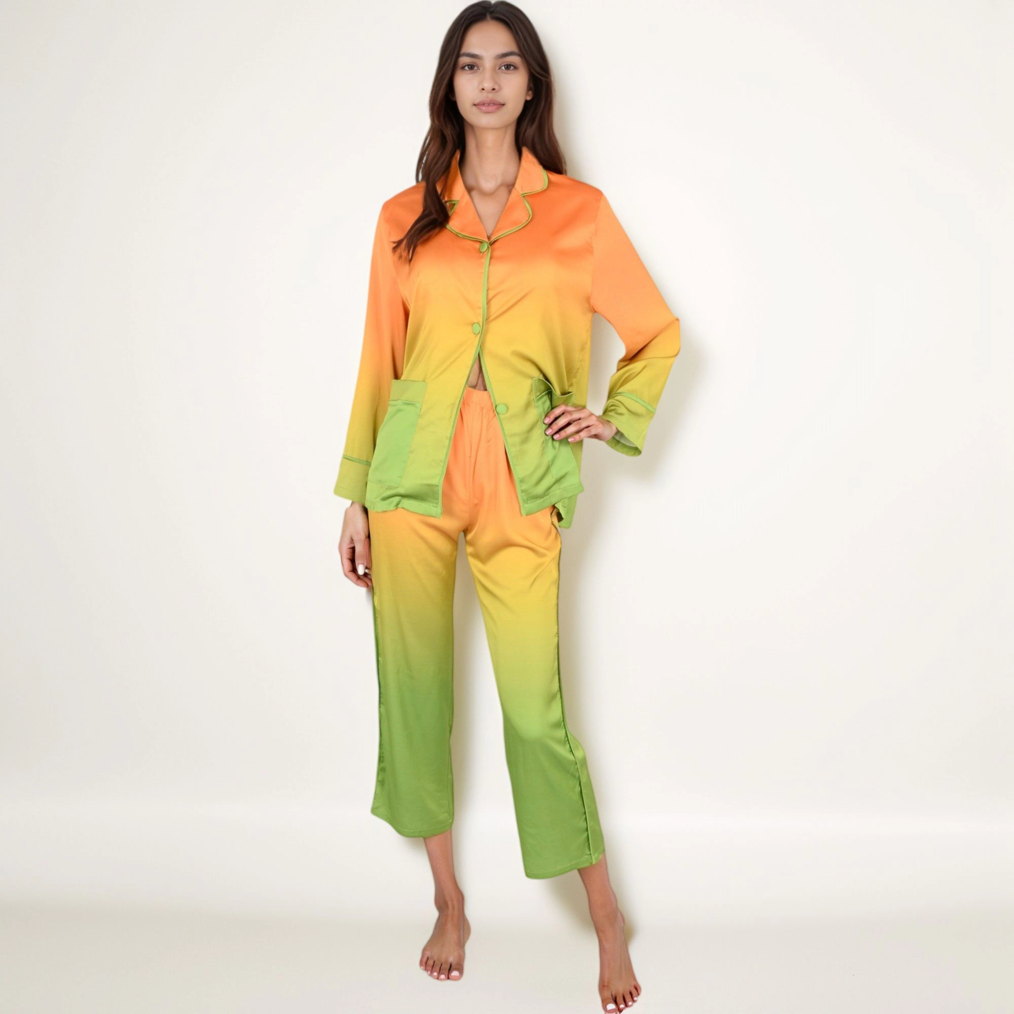 Anna-Kaci Women's Satin Pajama Set with Ombre Gradient Color Block Button Top and Wide Leg Pants