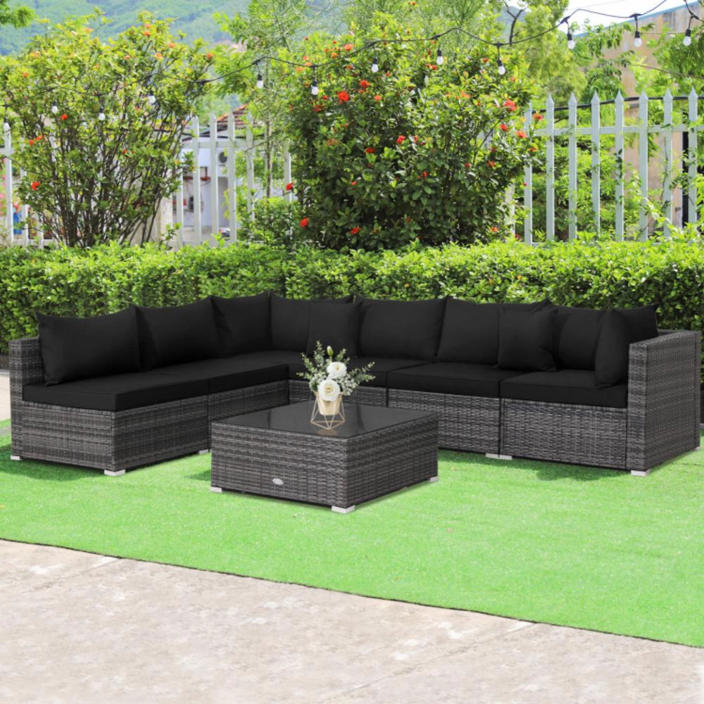 Hivvago 7 Pieces Patio Rattan Furniture Set with Sectional Sofa Cushioned
