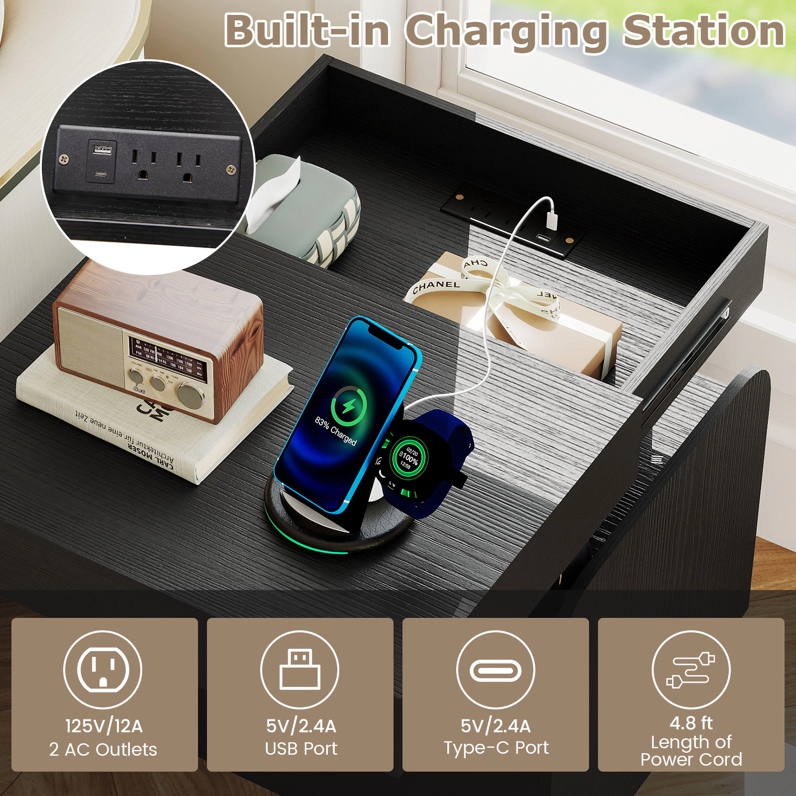 Hivvago Wood Nightstand with Power Outlets and USB Ports for Bedroom or Living Area