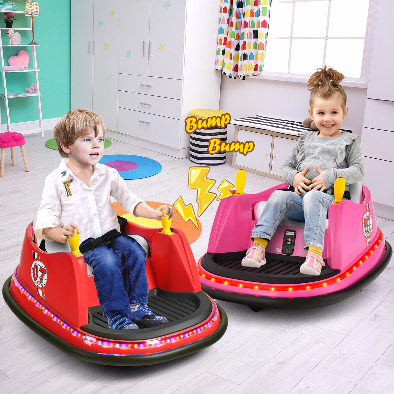 12V Kids Bumper Car with Dual Joysticks Flashing Lights and 360-Degree Swivel Wheels for Ages 2-5 Toddler Ride On Toy