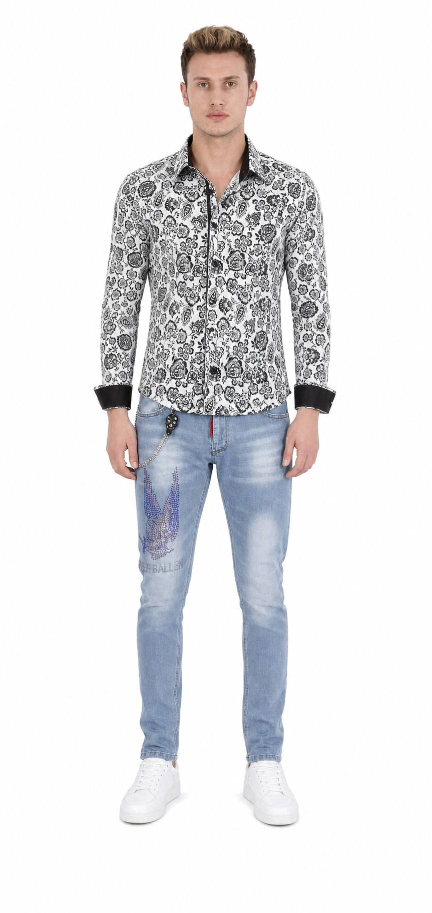 Elie Balleh Men's rhinestone skull slim fit jeans