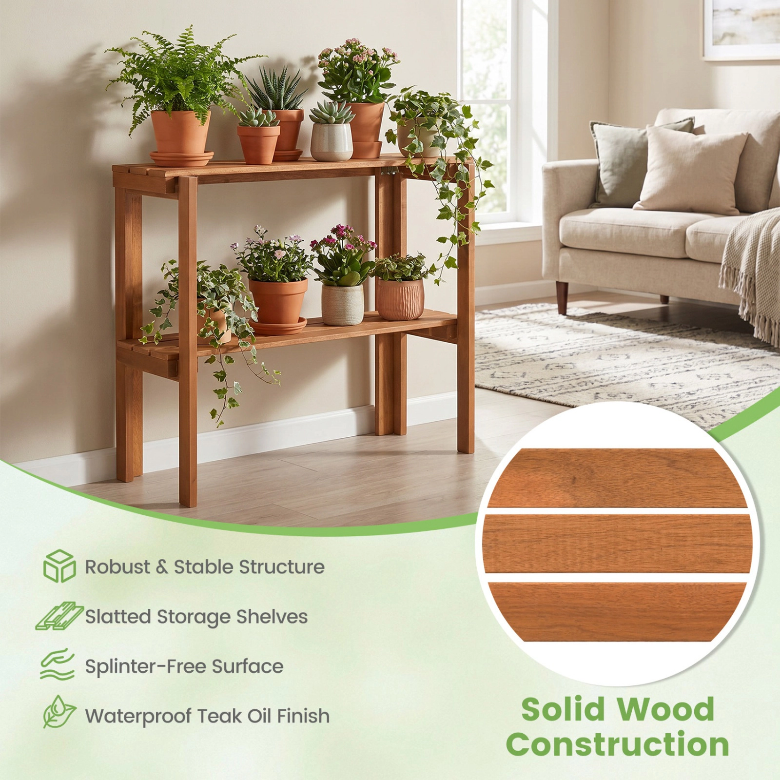 SUGIFT 2-Tier Folding Wooden Storage Shelves 22-lb Capacity per Shelf Plant Stand 29 x 13 x 24 in Natural