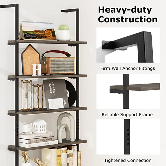 Hivvago 6-tier Ladder Shelf 72 Inches Industrial Wall Mounted Bookshelf