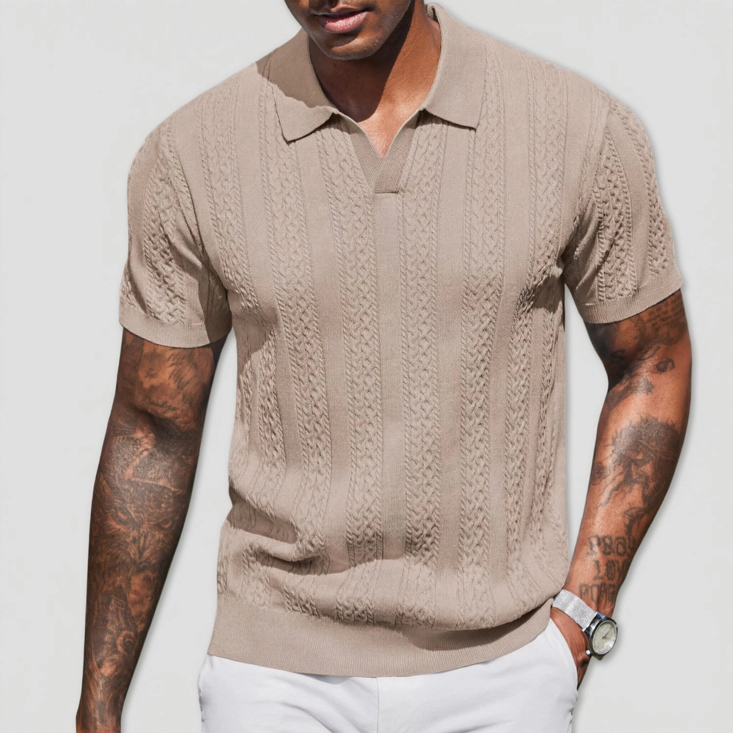 COOFANDY Short Sleeve Knit Polo Shirt V Neck Collared Cable Casual Tops