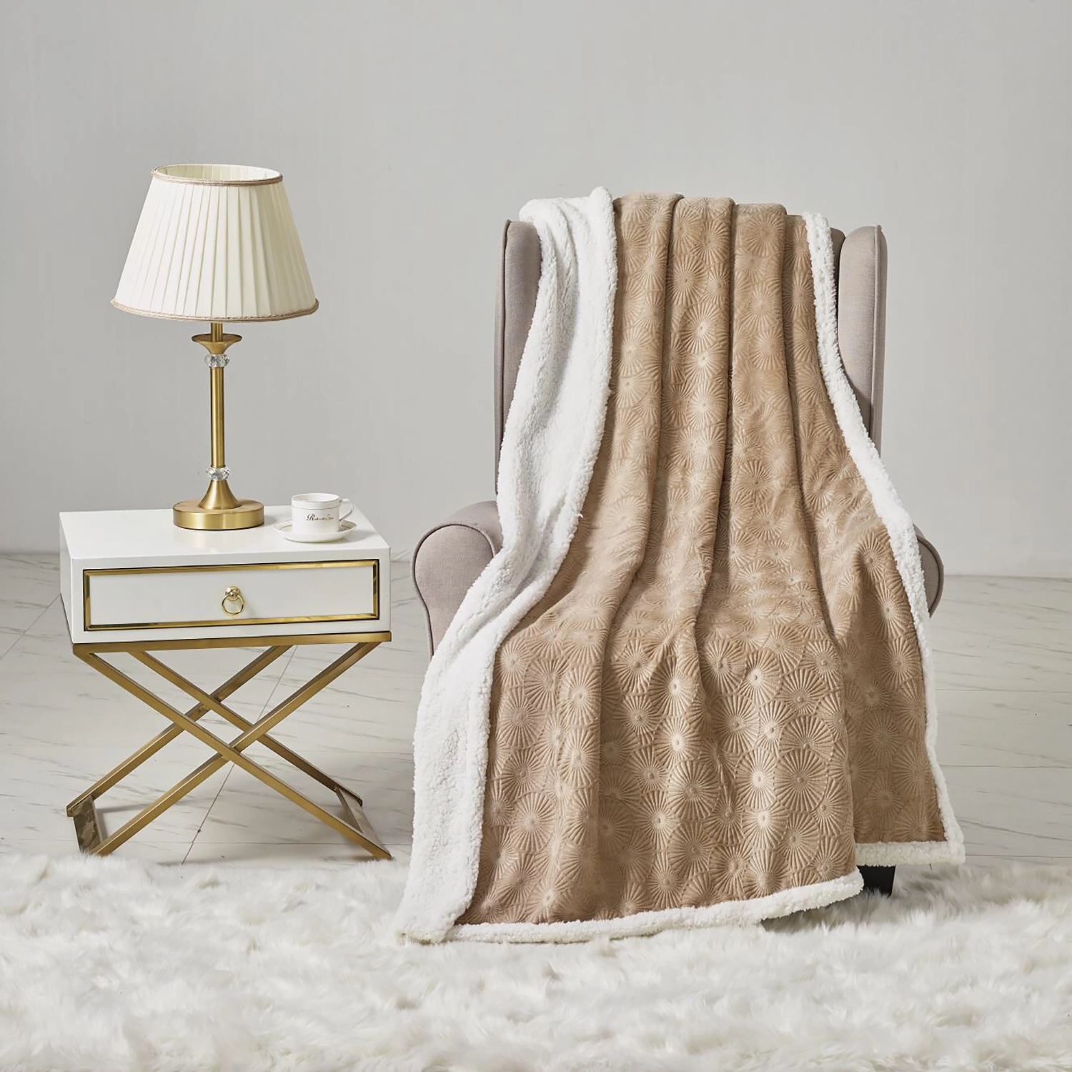 Plazatex Louvre Sherpa Decorative Super Soft Throw Blanket for Sleep/Decor 50" x 60" Taupe
