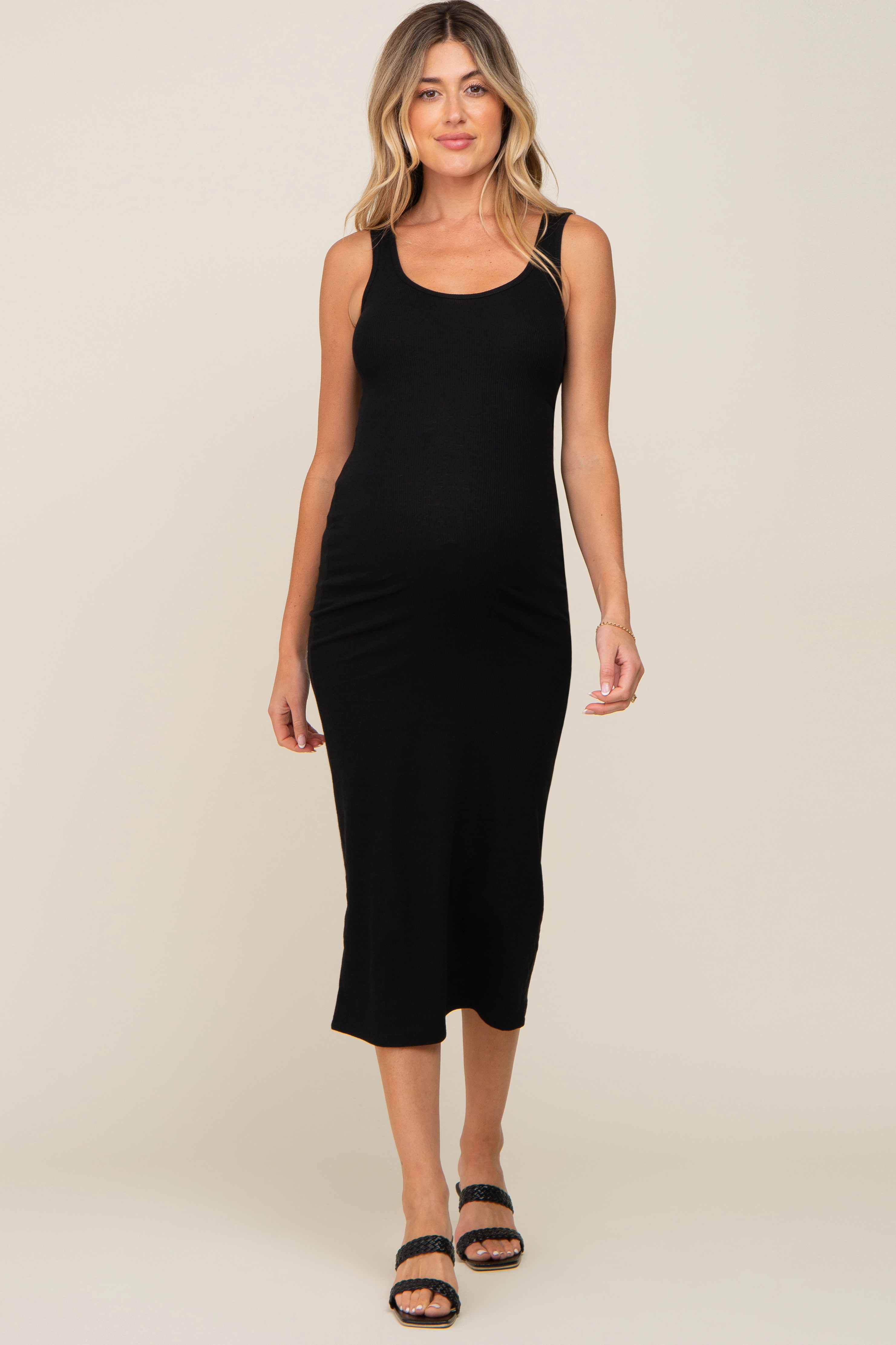 PinkBlush Womens Black Ribbed Basic Maternity Maxi Dress