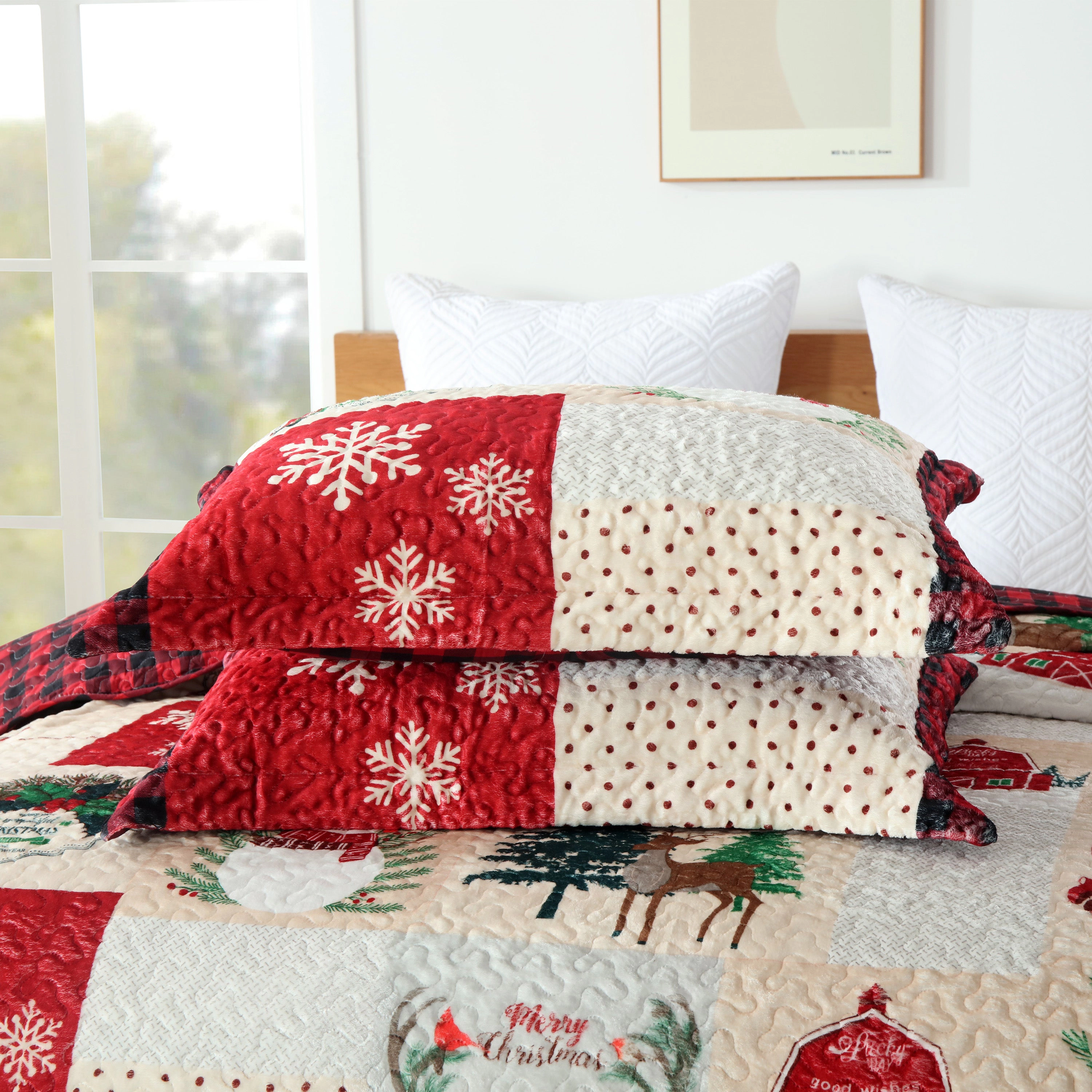 MarCielo 3 Piece Velvet Christmas Quilt Bedspread Set,Holiday Bedding