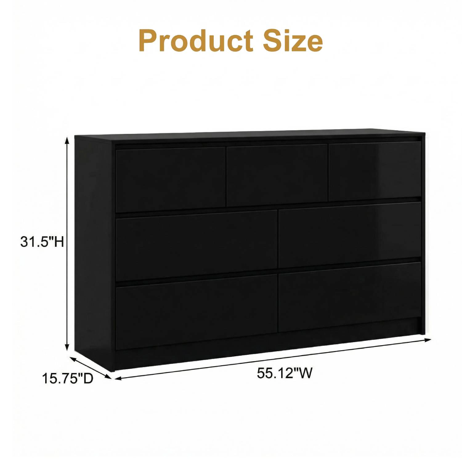 55" Full High Gloss Dresser with 7 Drawers, Modern Wide Storage Chest for Bedroom