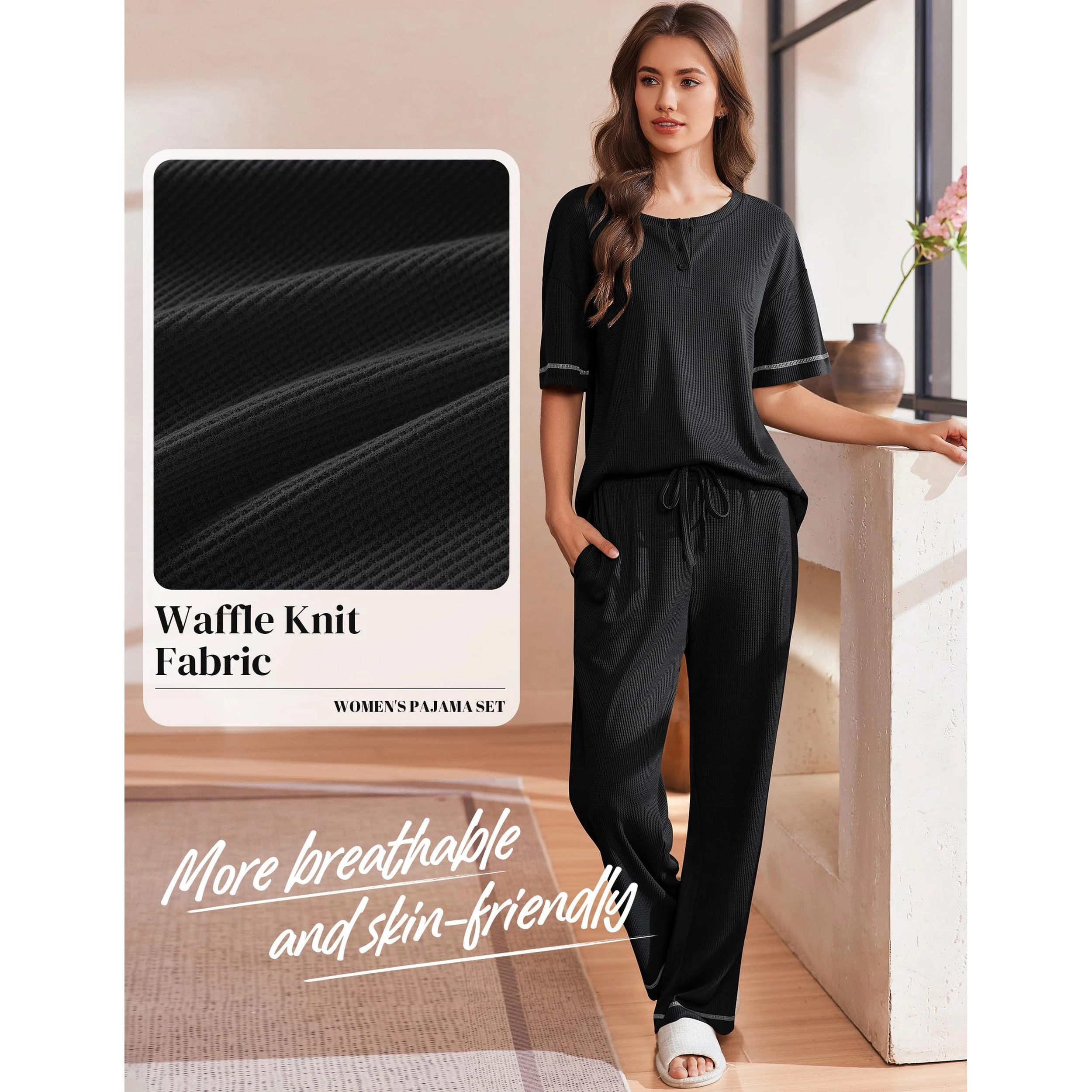Ekouaer Lounge Sets for Women Waffle Knit Womens Pajama Two Piece Pjs Short Sleeve Top Long Pant