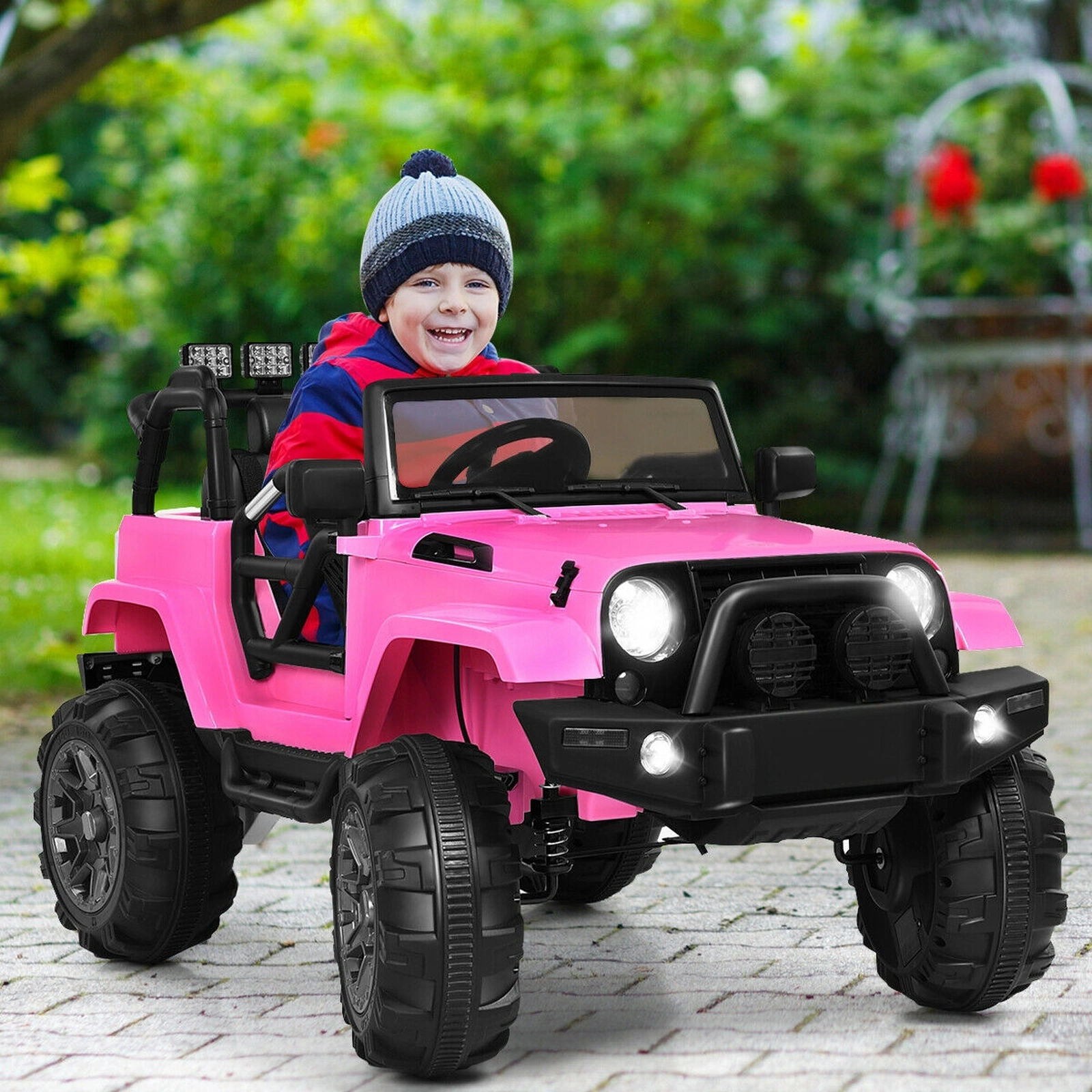 12V Kids Electric Car Ride On Truck Parent Remote Magnetic Door Locks Spring Suspension and LED Lights Ages 3-7 Pink