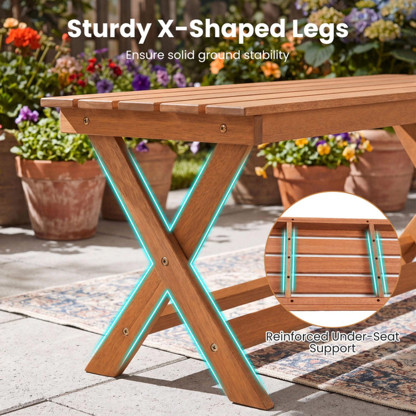 SUGIFT 2-Seat Wooden Garden Patio Bench with X-Shaped Legs 41.5-in Long 530-Lb Capacity Natural Backless Set of 2
