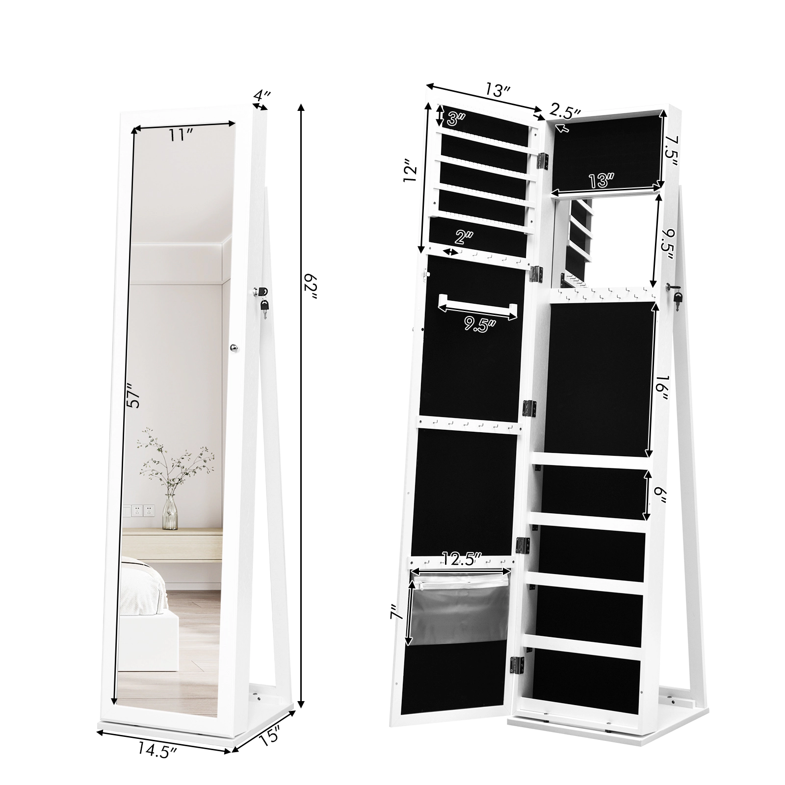 SUGIFT White Standing Jewelry Storage Organizer with Full-Length Mirror Lockable Armoire and Velvet Shelves