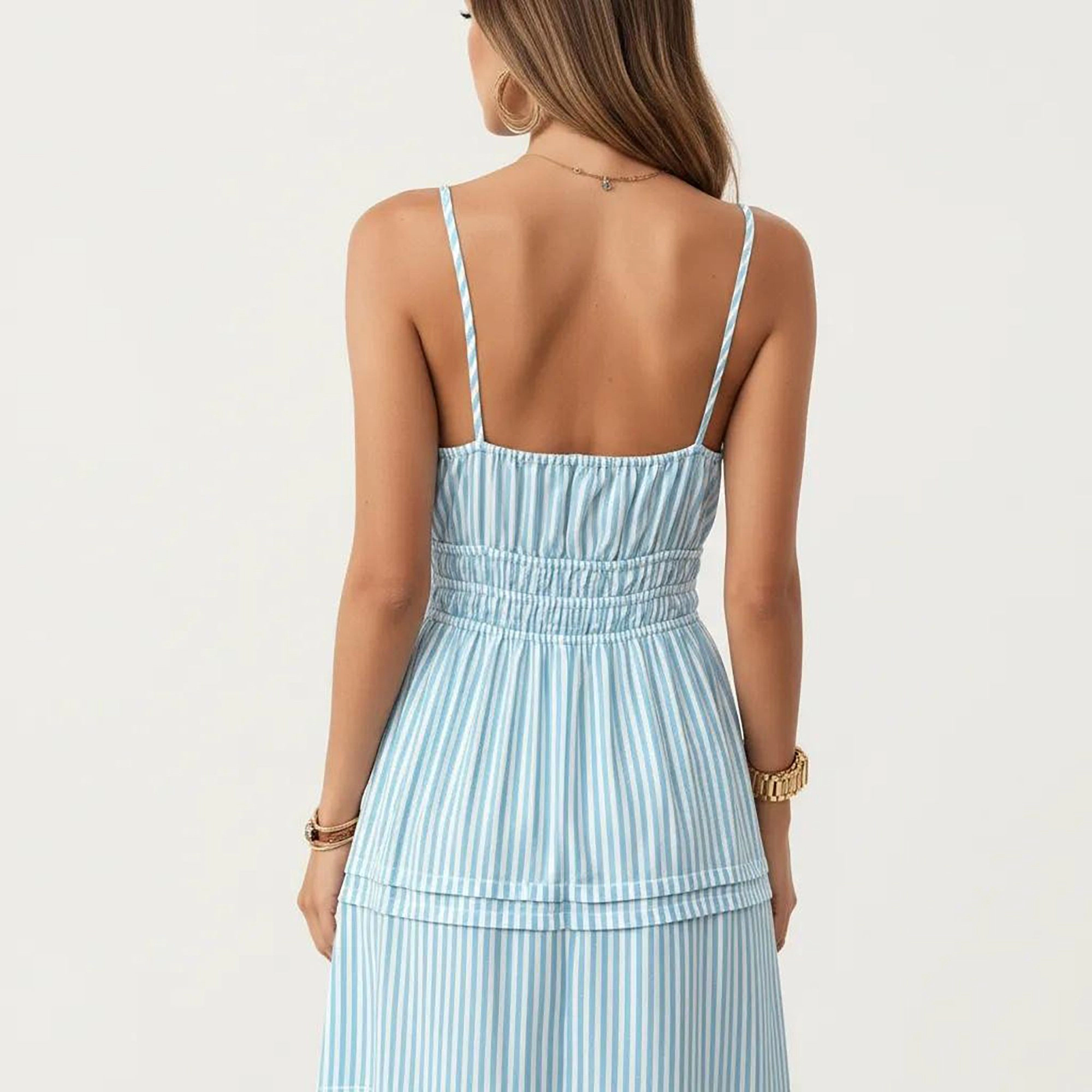 Anna-Kaci Women's Sleeveless Striped Adjustable Straps Smocked Waist Button Front Tiered Skirt Midi Dress