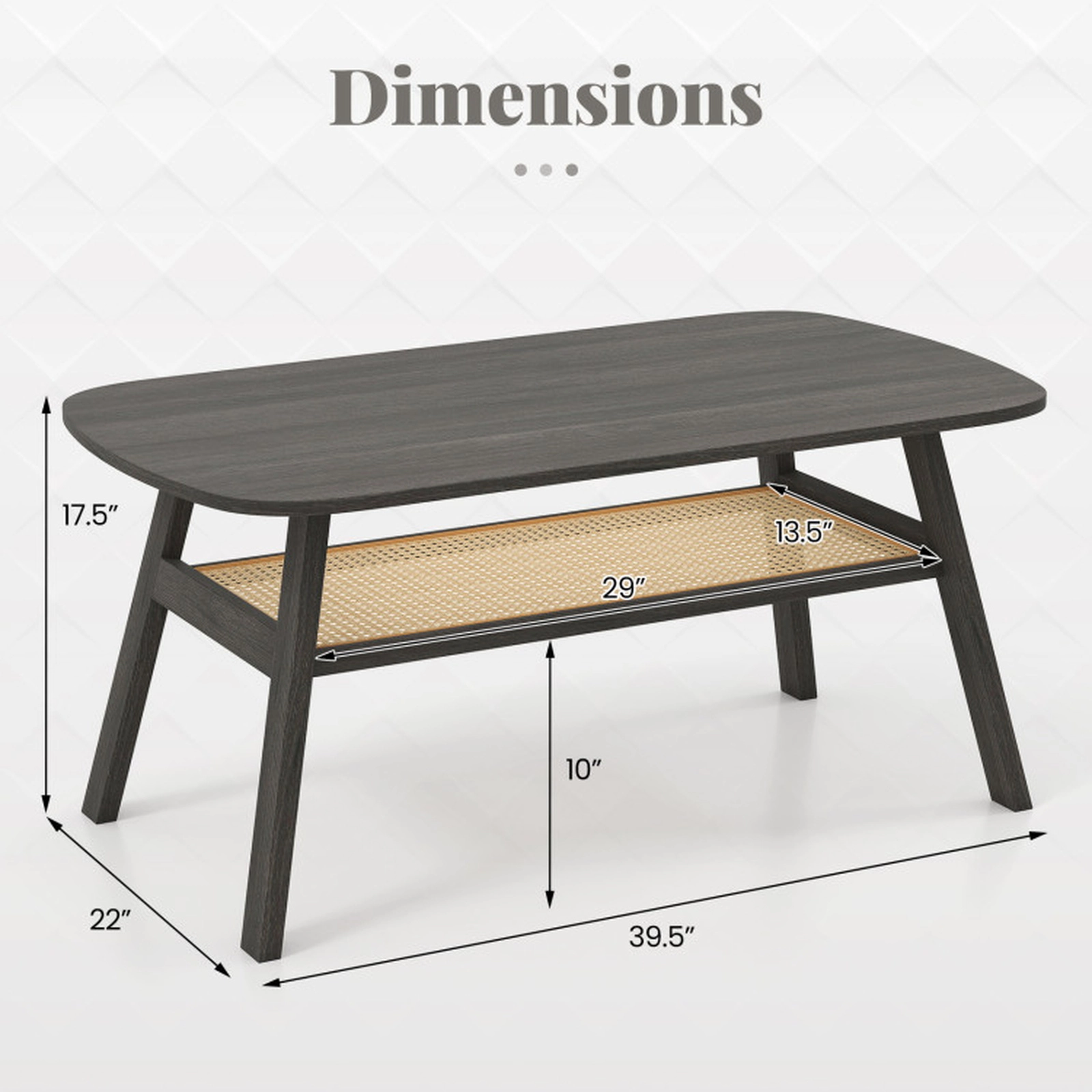 SUGIFT 2-Tier Rectangular Center Coffee Table with Rattan Storage Shelf 220-lb Tabletop Capacity Dark Gray & Natural