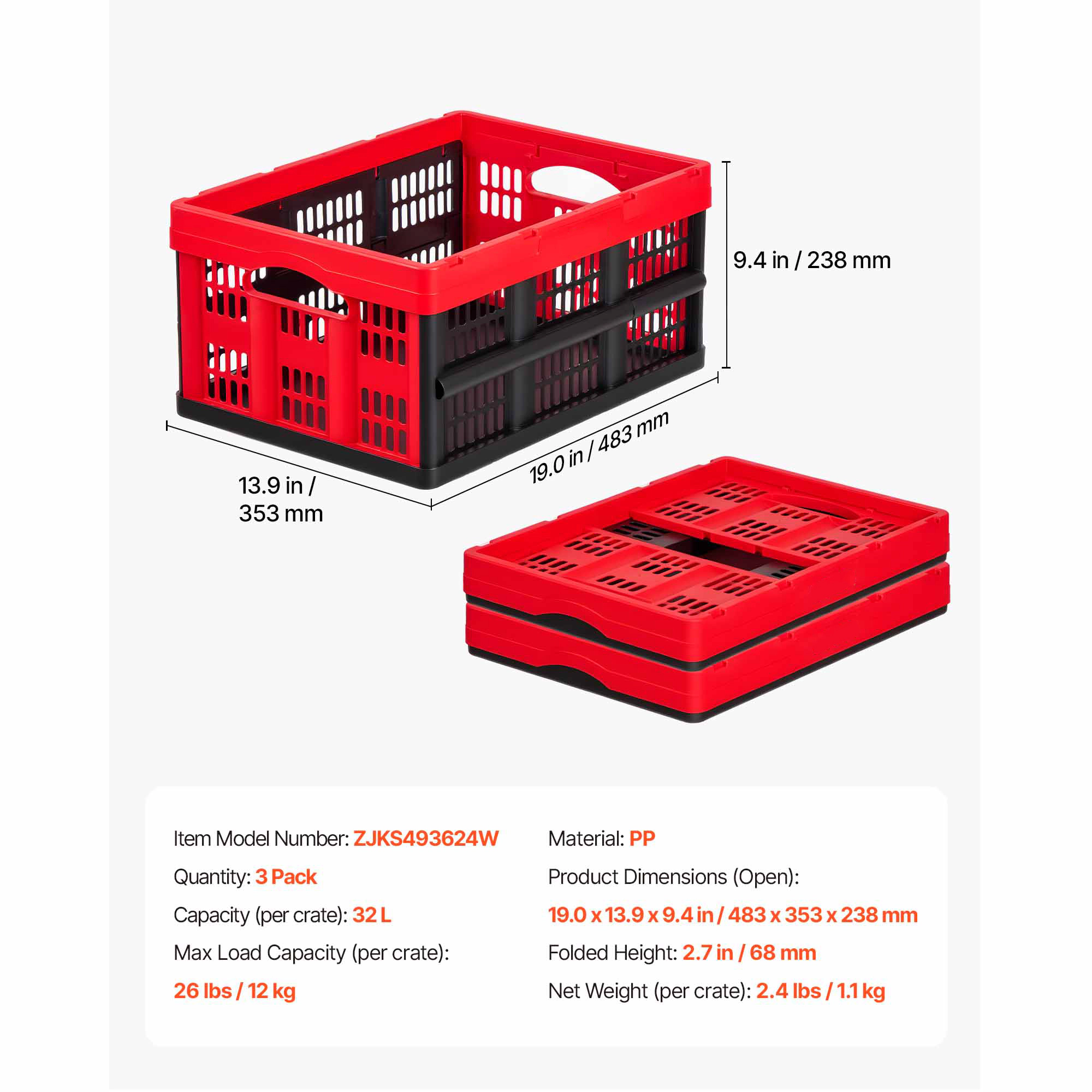 HONGGE Plastic Collapsible Storage Bins 3 Packs Stackable Folding Storage Crates with Handles Holds Per Bin Foldable