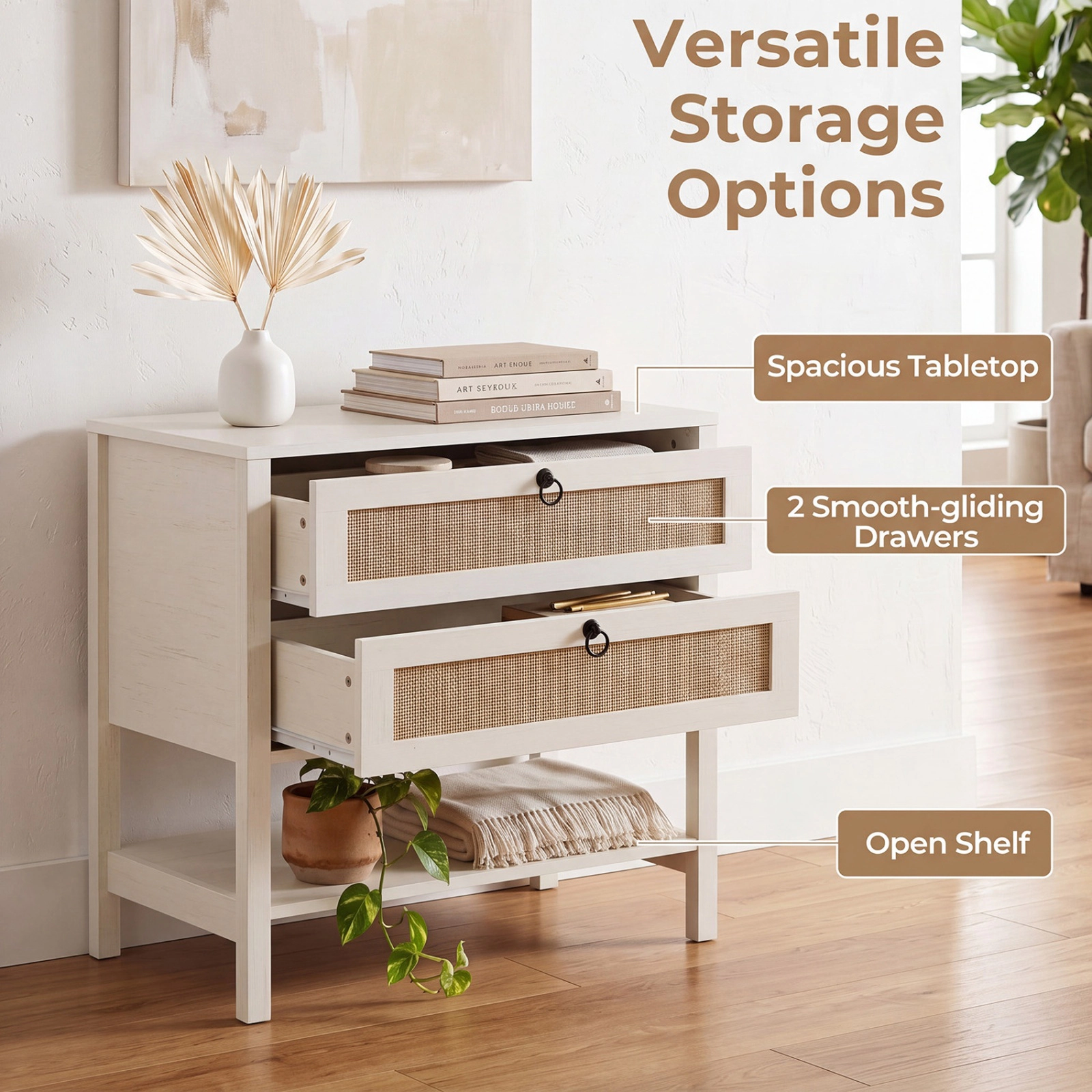 SUGIFT Whitewashed Oak 2 Drawers and Bottom Open Shelf 27 Inch Boho Rattan Nightstand
