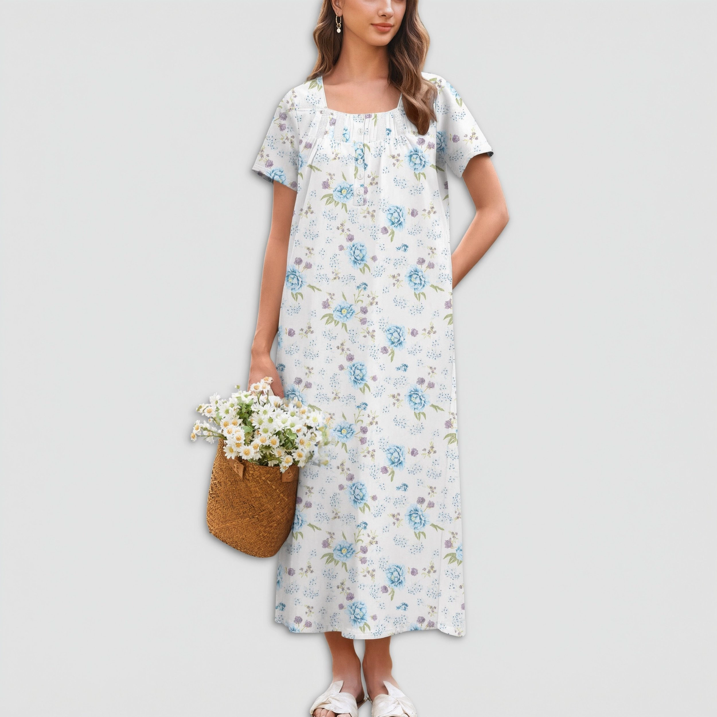 Ekouaer Women's Cotton Short-Sleeve Button-Front Lace-Trim Maxi Nightgown