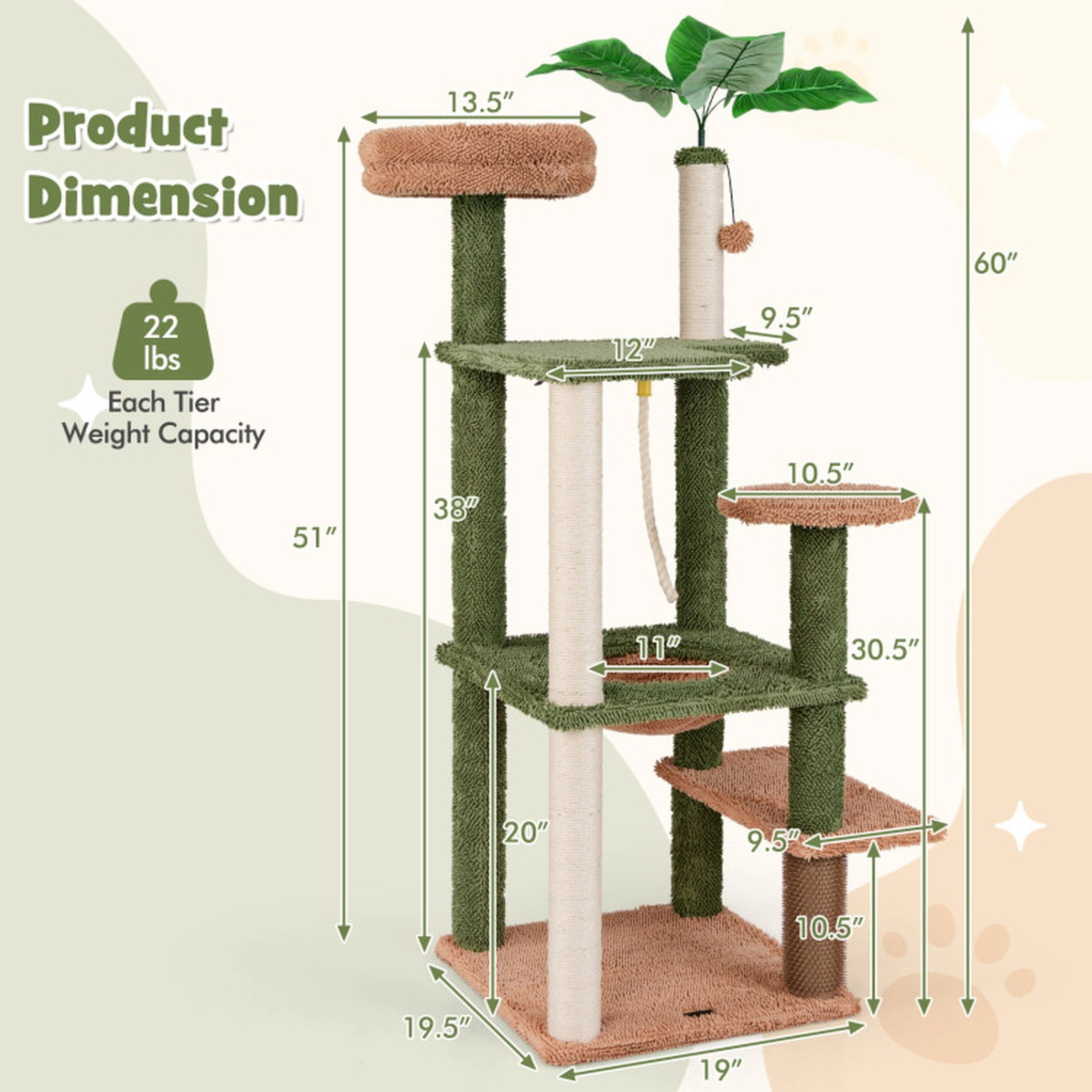 SUGIFT 60-in Green Tree-Inspired Cat Tree Tower with Plush Perch Sisal Posts and Faux Plant 19.5-in Base