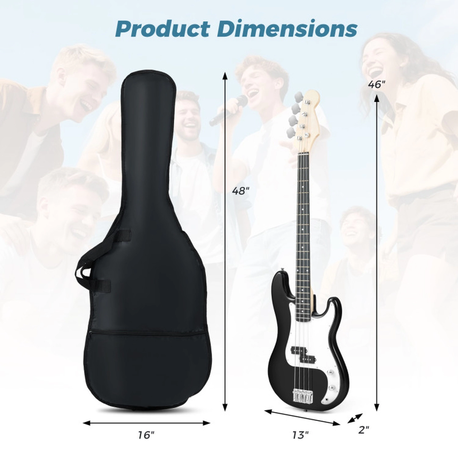 SUGIFT 45.5-in 4-String Electric Bass Guitar Double Pickups Maple Neck Gig Bag Cable Strap 9-lb Beginner Black + White