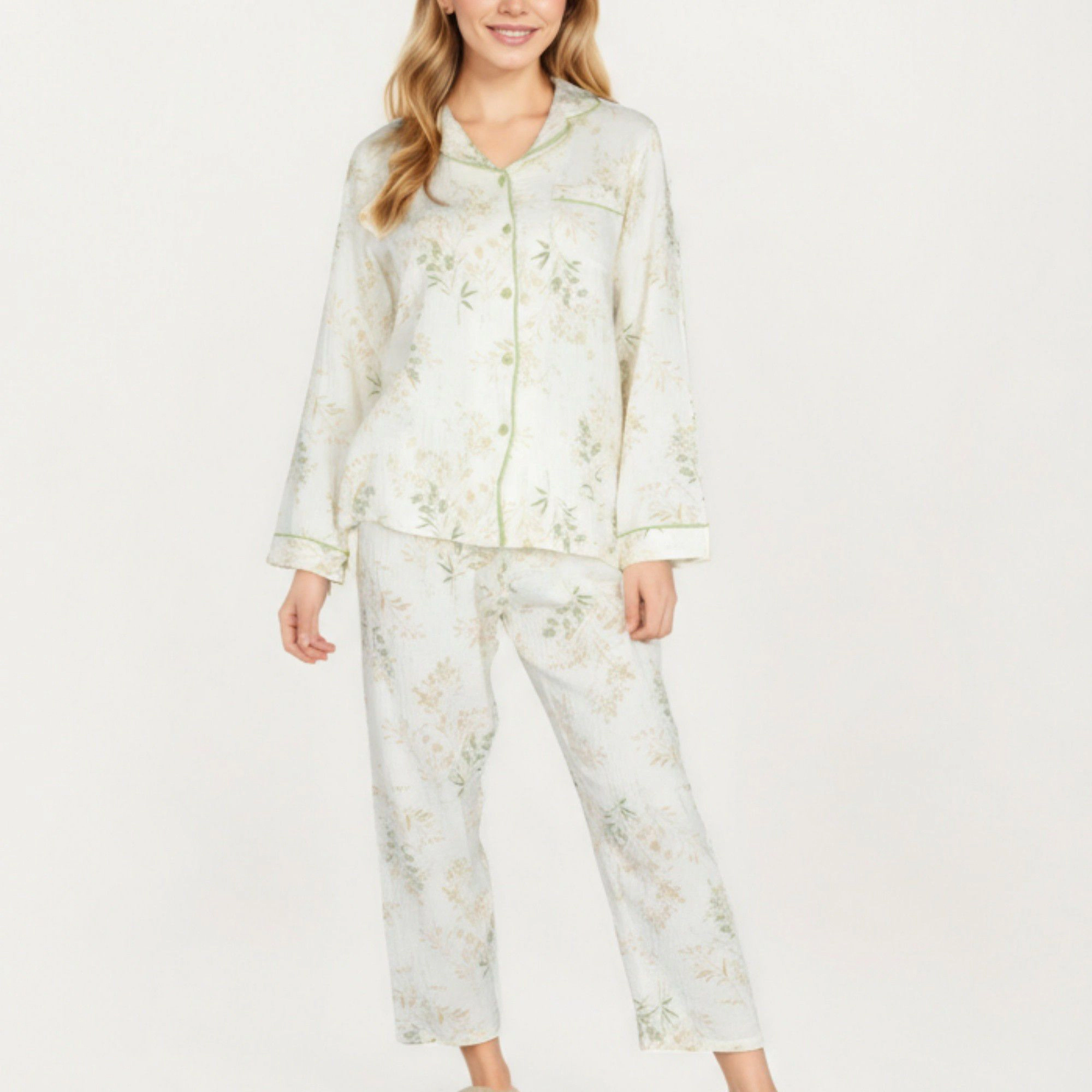 Anna-Kaci Women's 2-Piece Long Sleeve Button Front Top and Relaxed Fit Pants Pajama Set with Botanical Print