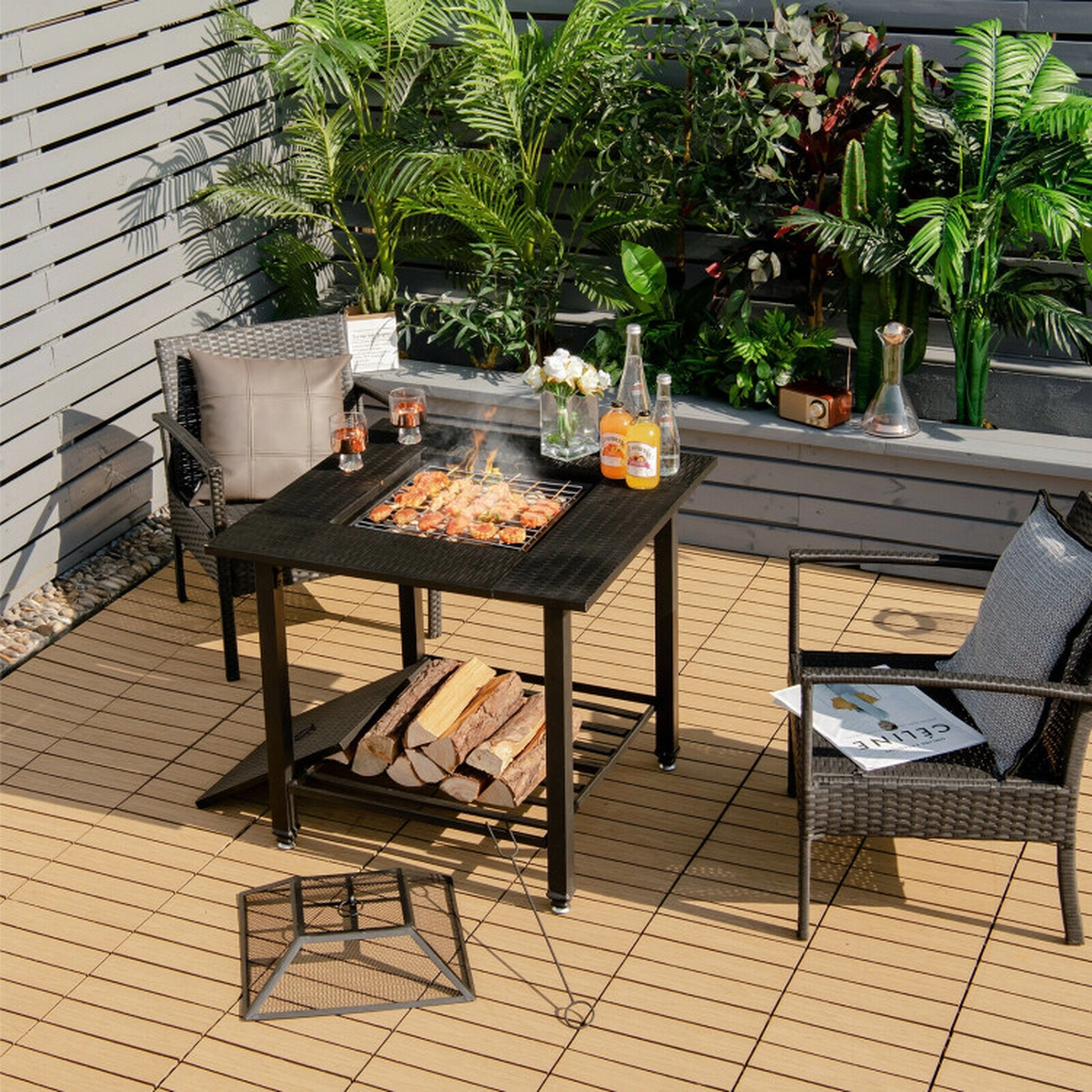 SUGIFT Square Black Fire Pit Dining Table with Grill Grate and Lid 31-in W 31-in D 31-in H 44-lb Tabletop Capacity