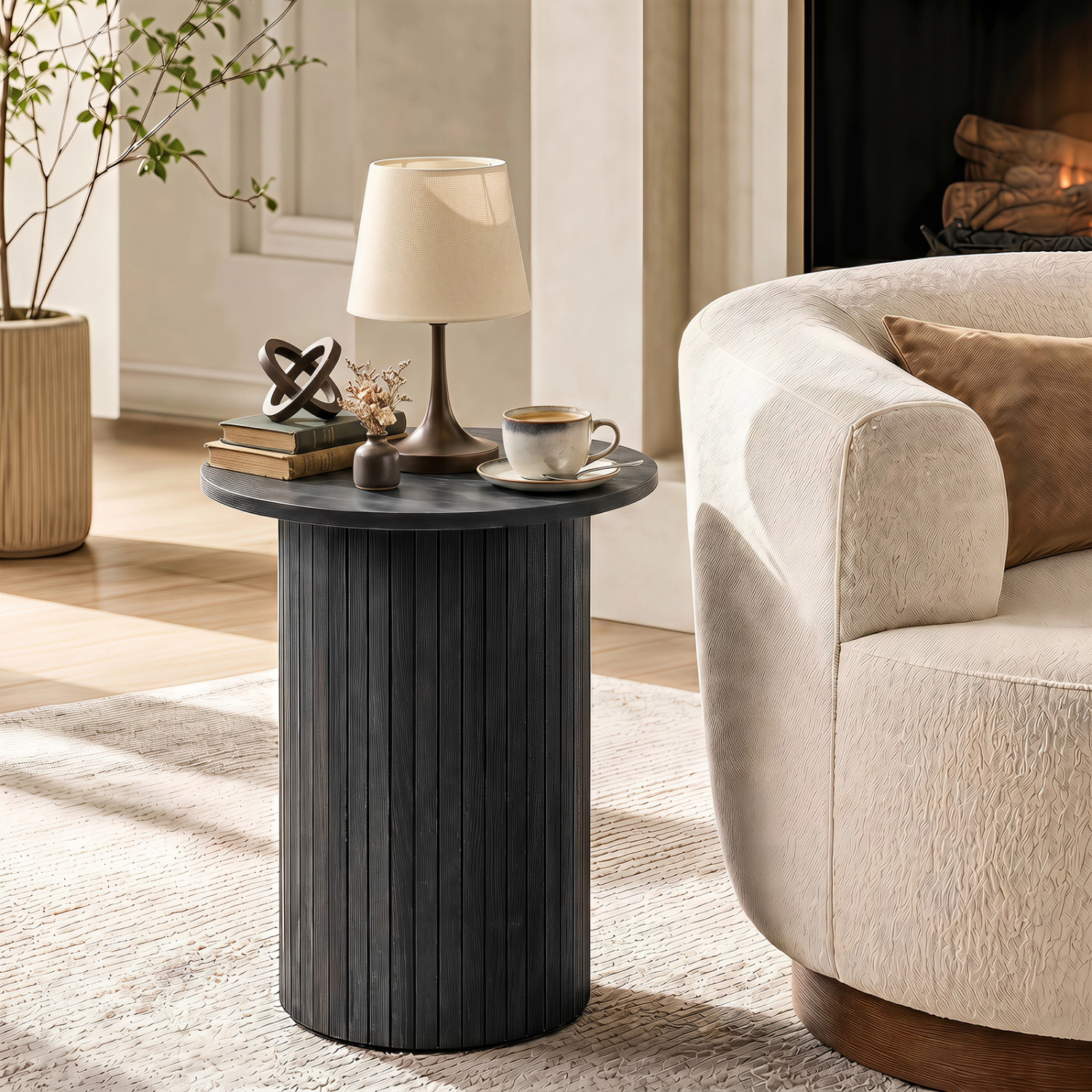 LJG 18" Round Fluted Side Table with Pedestal Drum Design and Non-Slip Foot Pads for Small Spaces