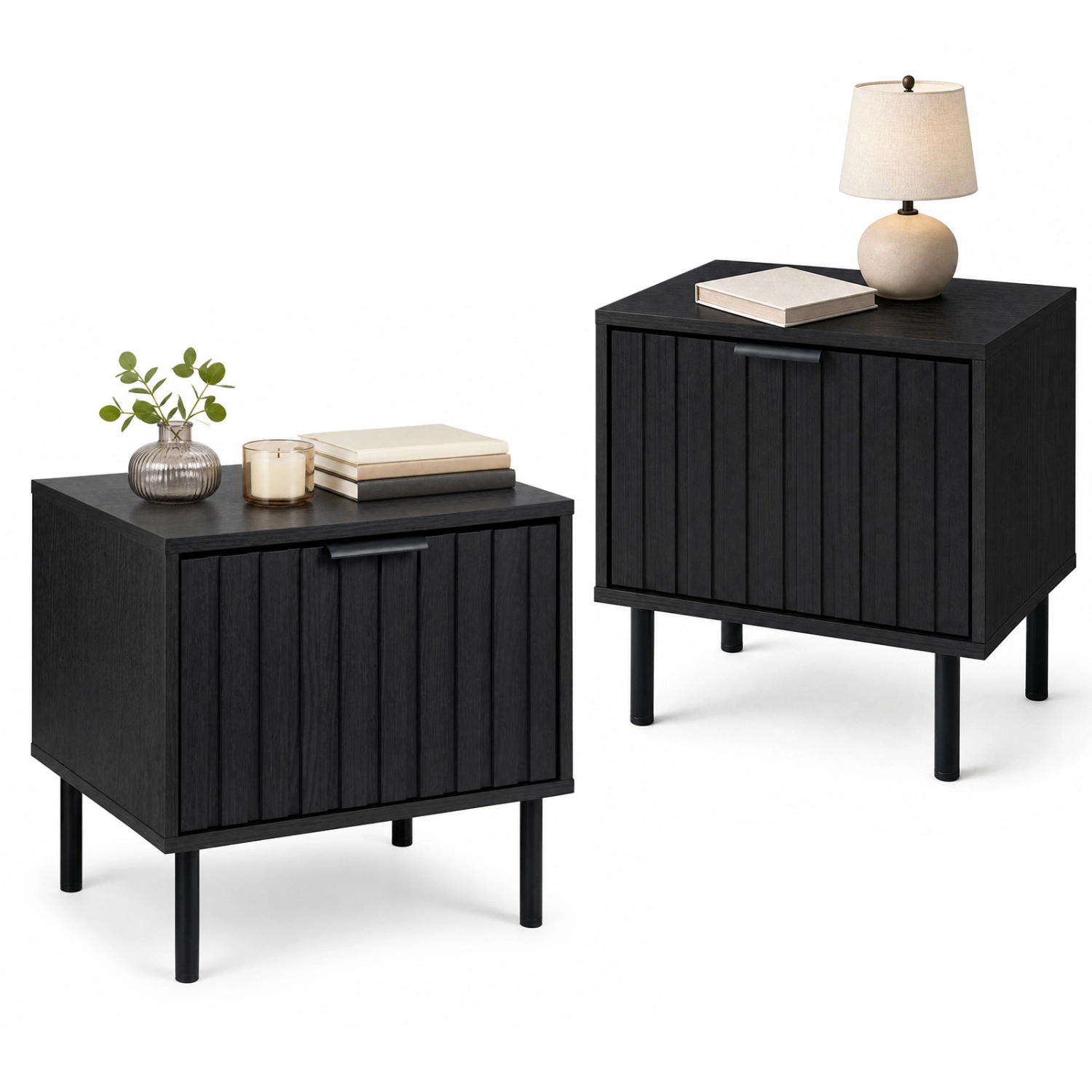 LJG Set of 2 Black Modern Nightstand with Vertical-Striped Storage Drawer