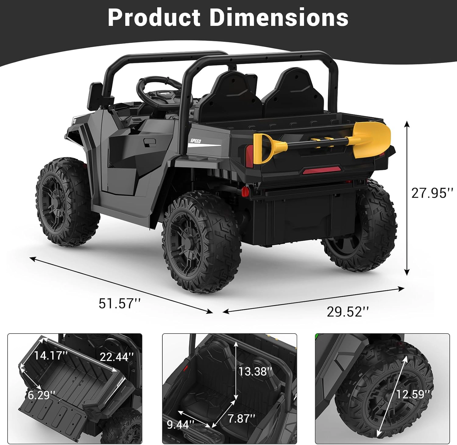 Enjyam 24V 4WD 2-Seater Kids Electric Dump Truck, 4×200W Motors, Remote Control, LED Lights, Music, Bed & Shovel