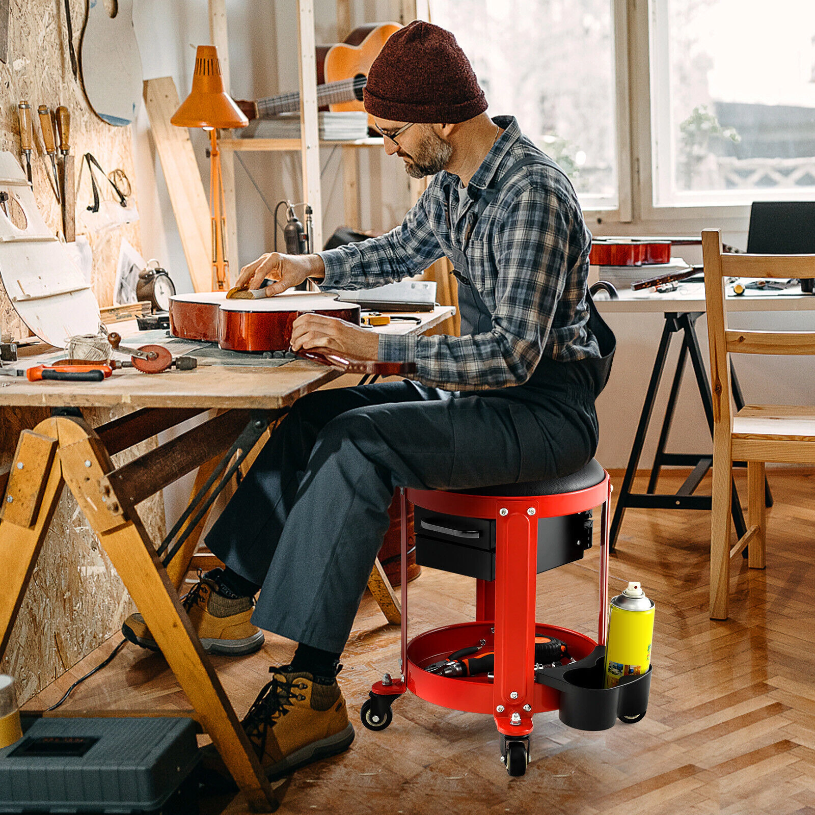 SUGIFT 2 Drawers Removable Padded Seat 4 Casters Rolling Mechanic Stool 16-in x 17-in 330-lb Capacity Red