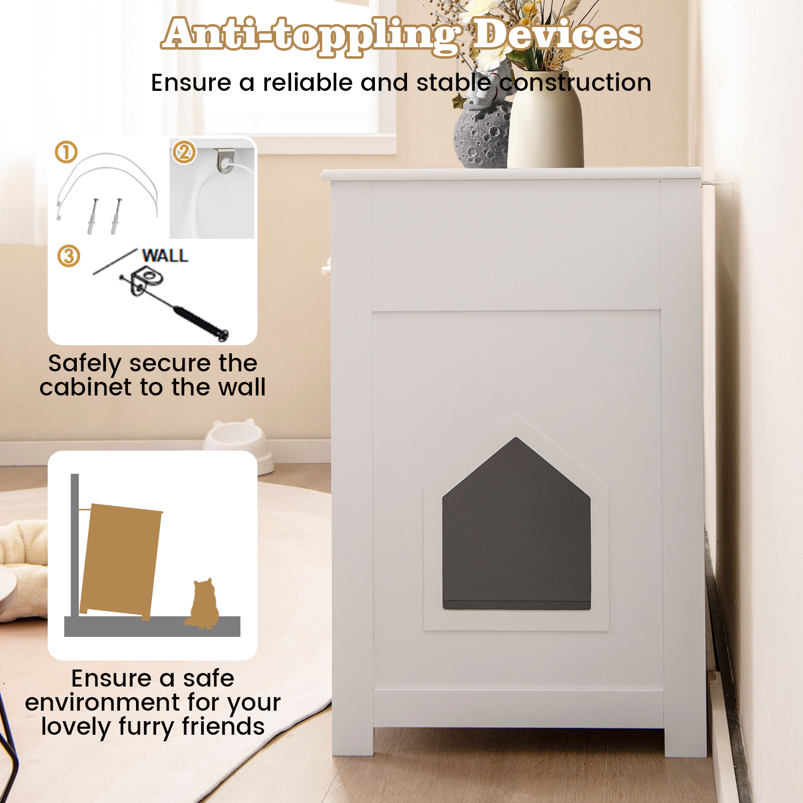 SUGIFT 31.5 x 31-in White Wooden Hidden Cat Litter Box Enclosure Side Cabinet with 2 Drawers and Side Entrance