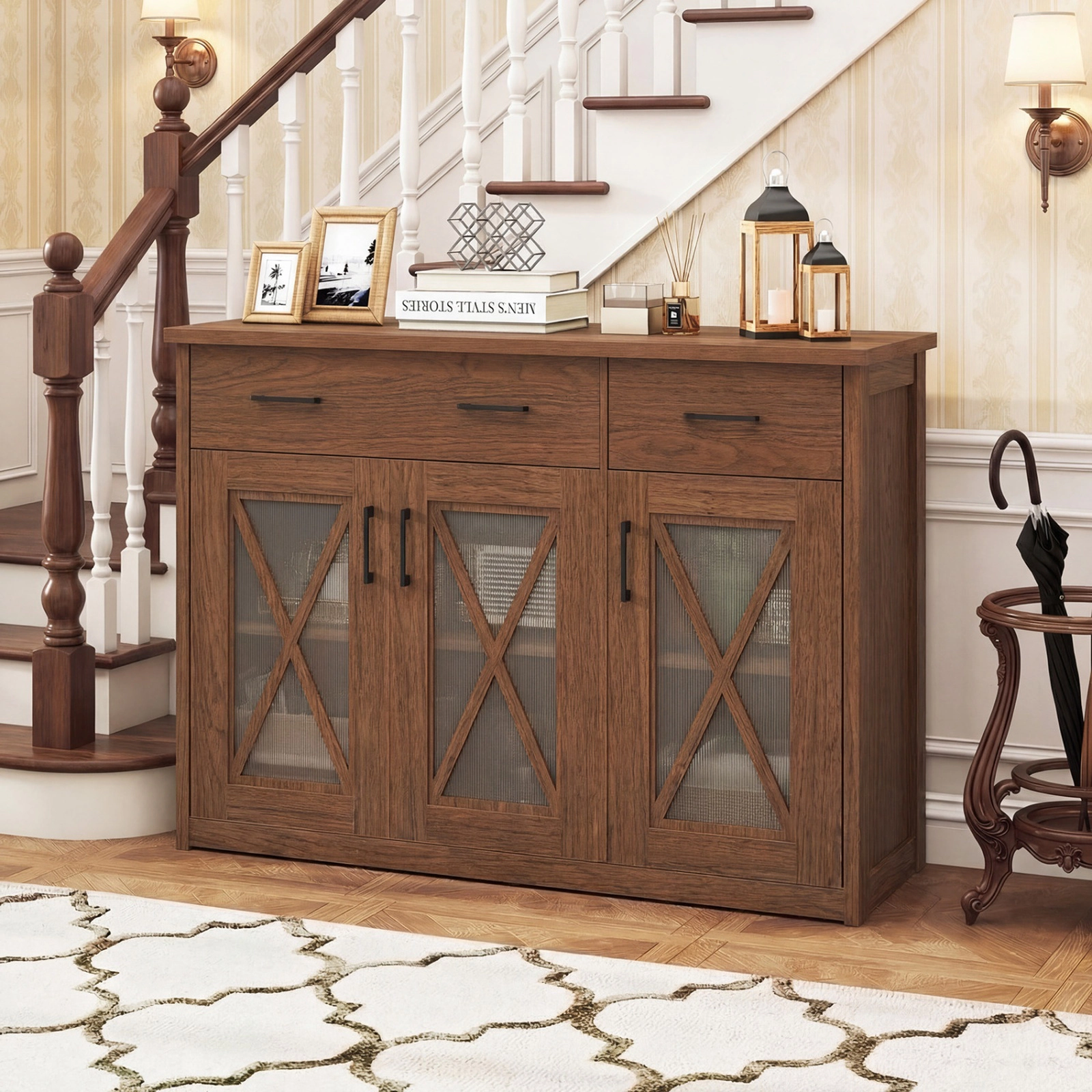 SUGIFT 47-in 132-lb Top 232-lb Total Brown Farmhouse Buffet Sideboard with 3 Barn Doors and 2 Drawers